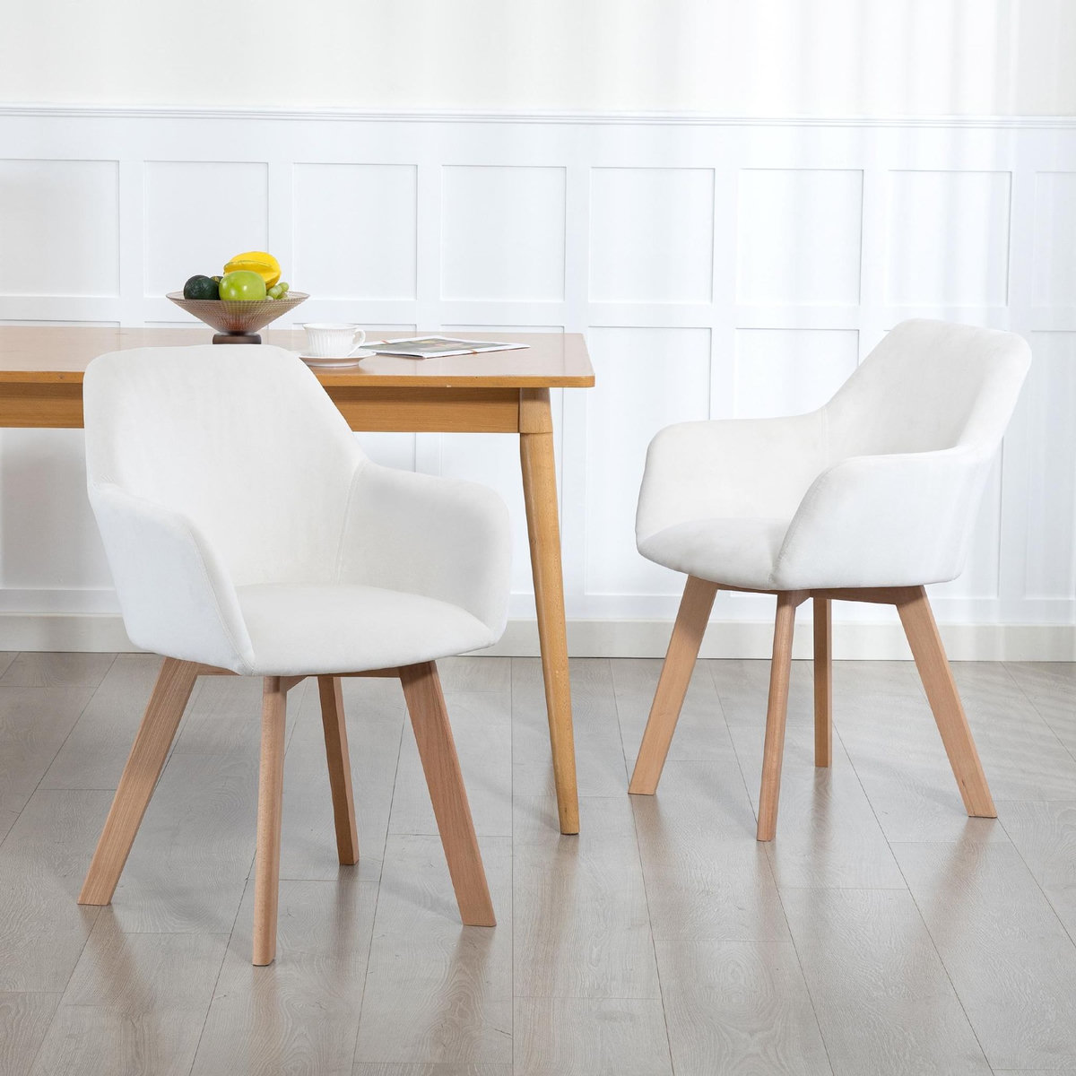 HOMCOM Chaises de visiteur design scandinave - lot de 2 chaises - pieds bois hévéa - assise dossier accoudoirs velours crème