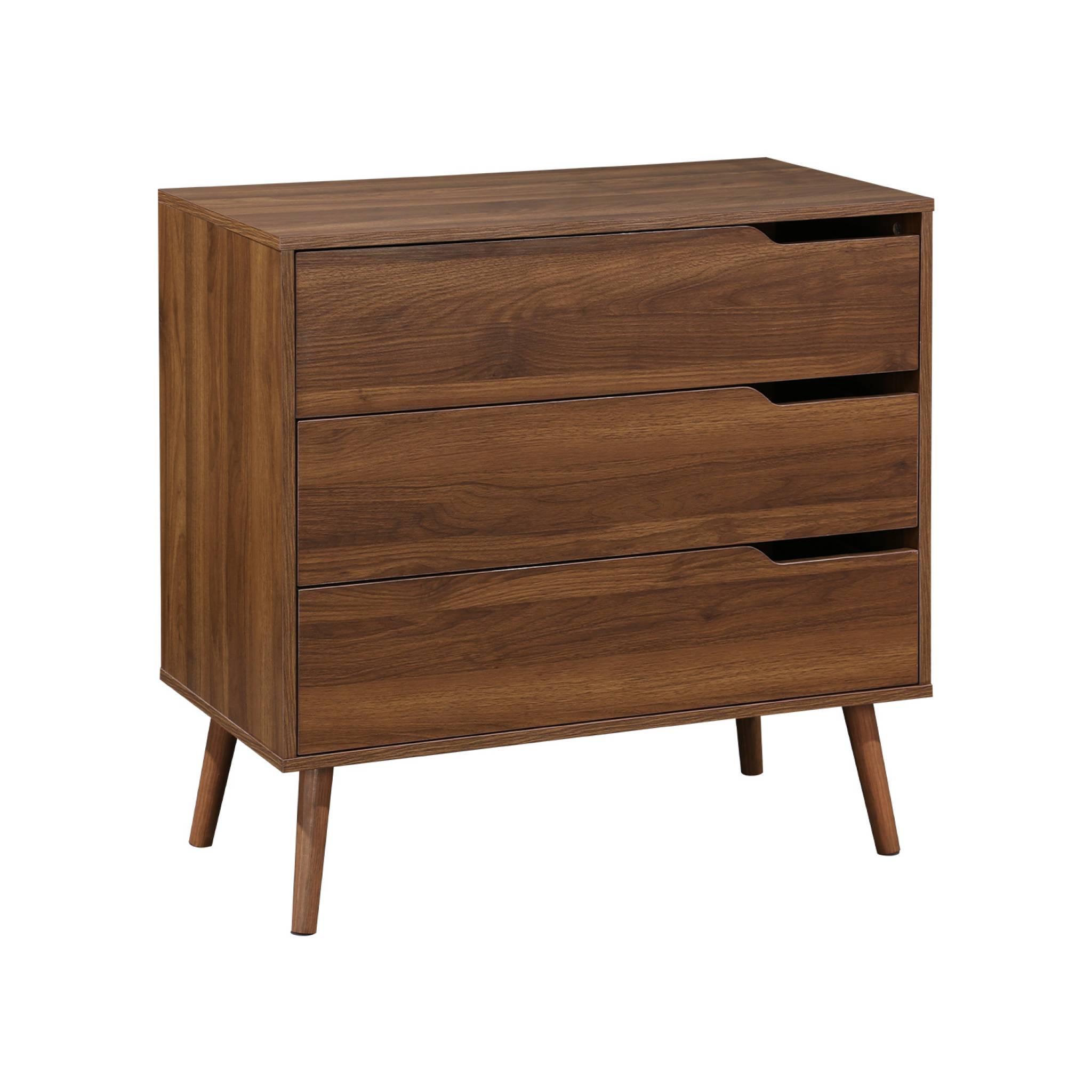 Voir la diapositive 1 : SWEEEK Commode décor bois de noyer. 3 tiroirs. pieds en pin massif
