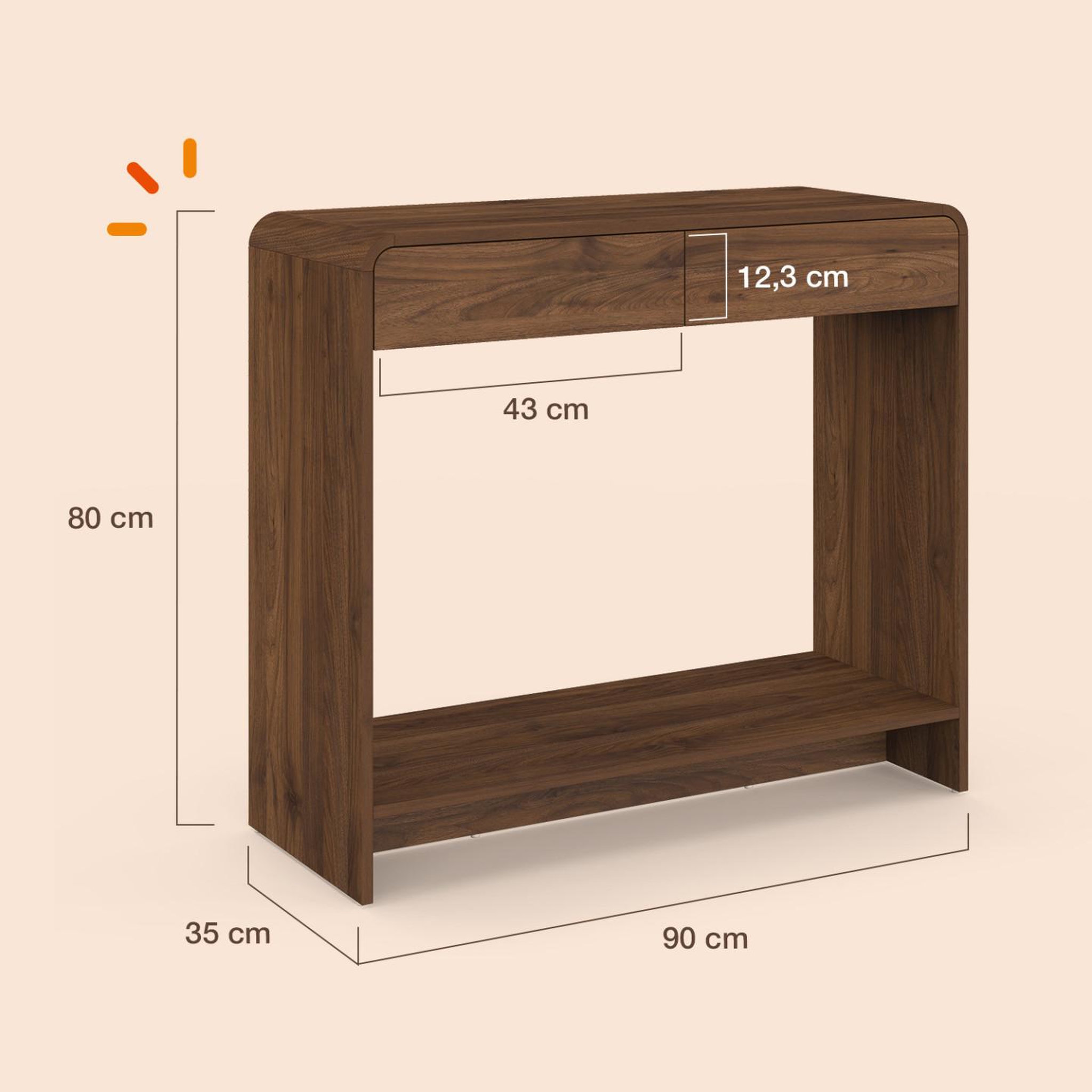 Voir la diapositive 4 : ID MARKET Console 2 tiroirs CAPUCINE effet noyer design arrondi
