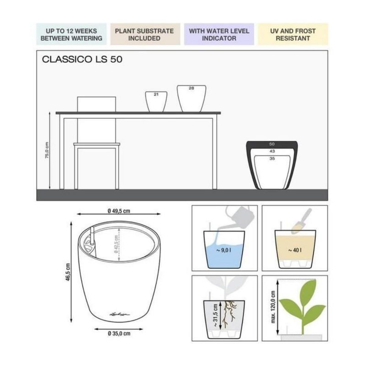 LECHUZA Classico Premium LS 50 - kit complet, rouge scarlet brillant Ø 50 X 47