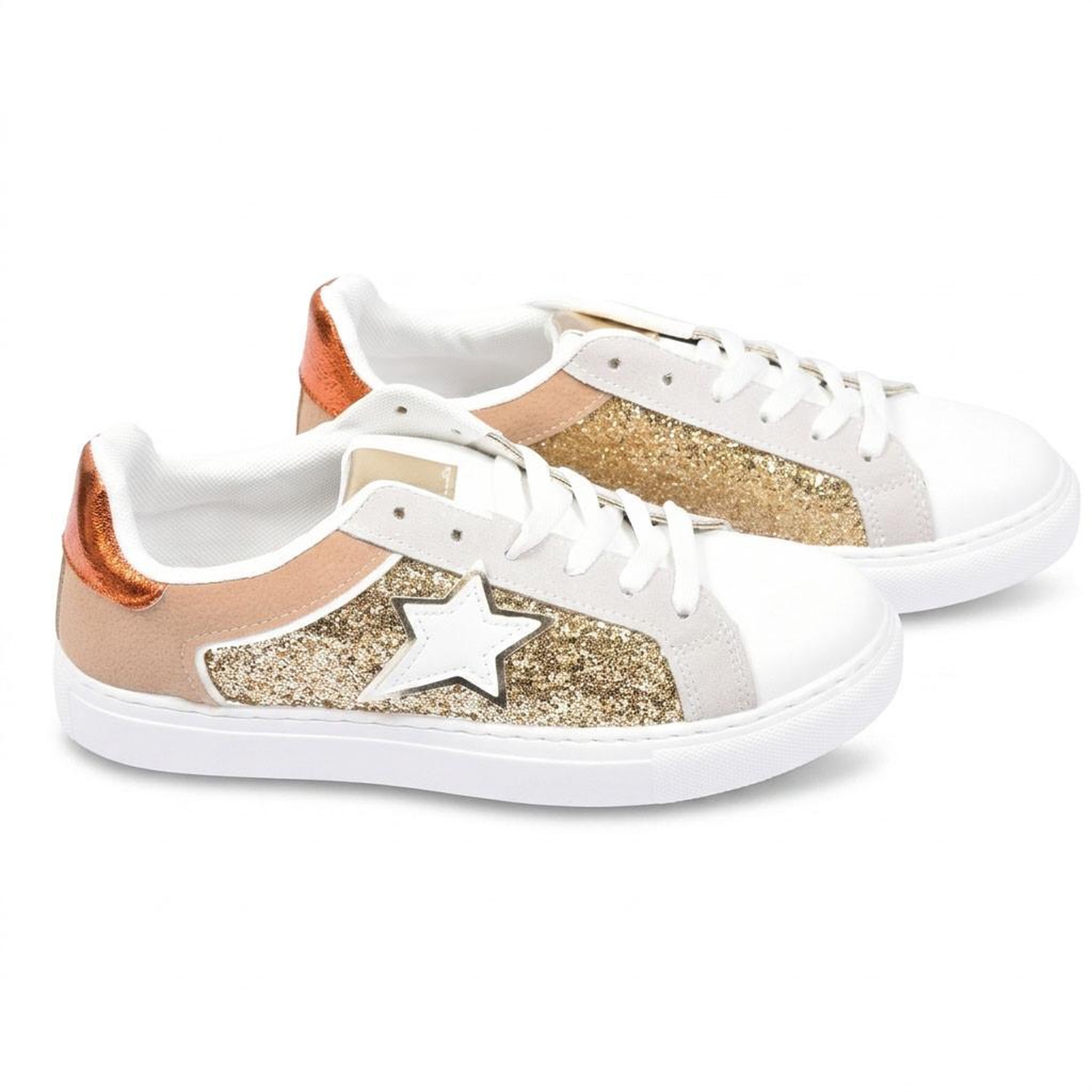 Voir la diapositive 3 : OZABI OZABI Sneakers Glitter Étoile Femme Plateforme Argent Or