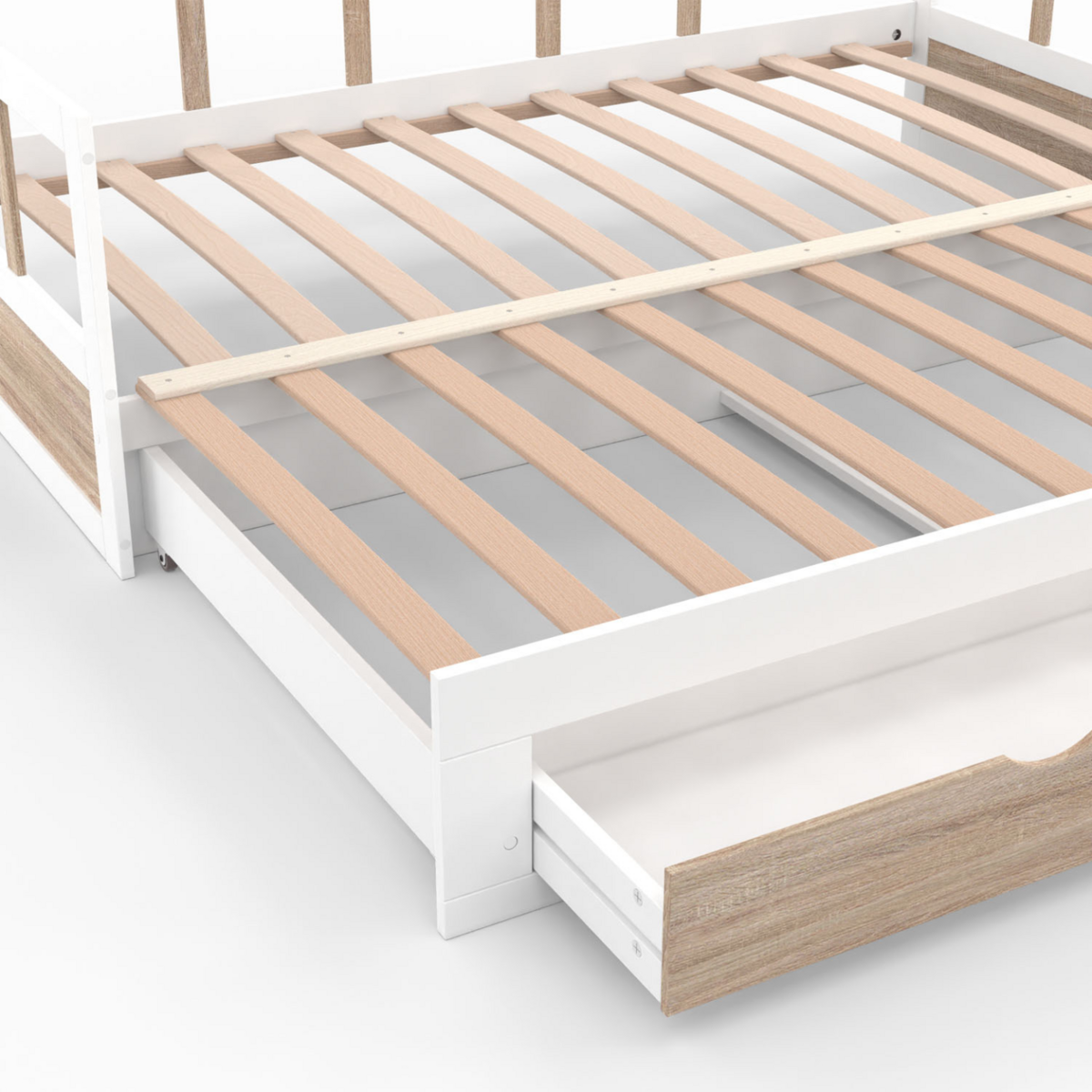 ID MARKET Lit banquette 90 x 190 cm ZOYA convertible 180 x 190 cm blanc et hêtre avec 1 tiroir de rangement