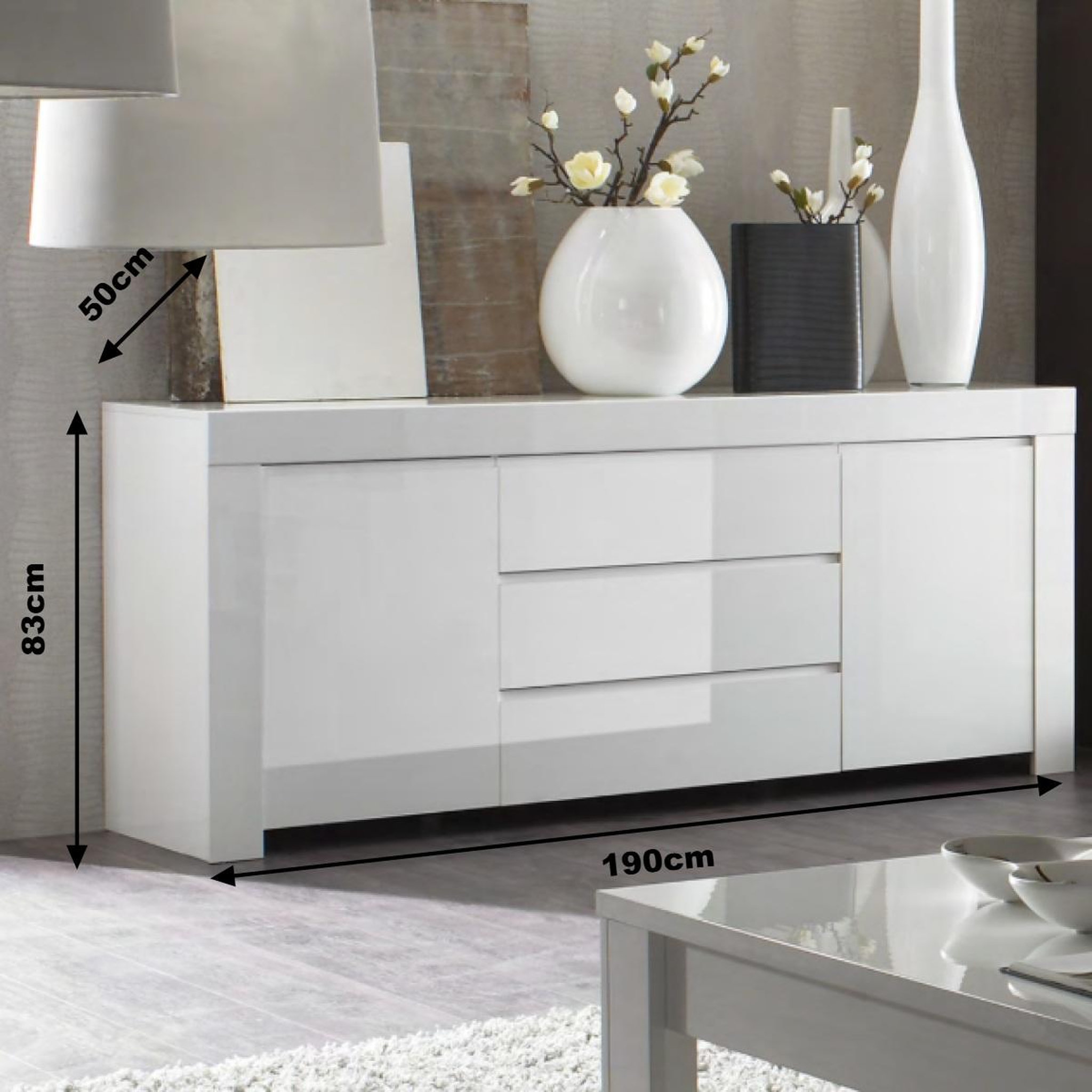 Voir la diapositive 5 : JLC KREATION Buffet design laqué blanc 2 portes-3 tiroirs 190cm APHODITE