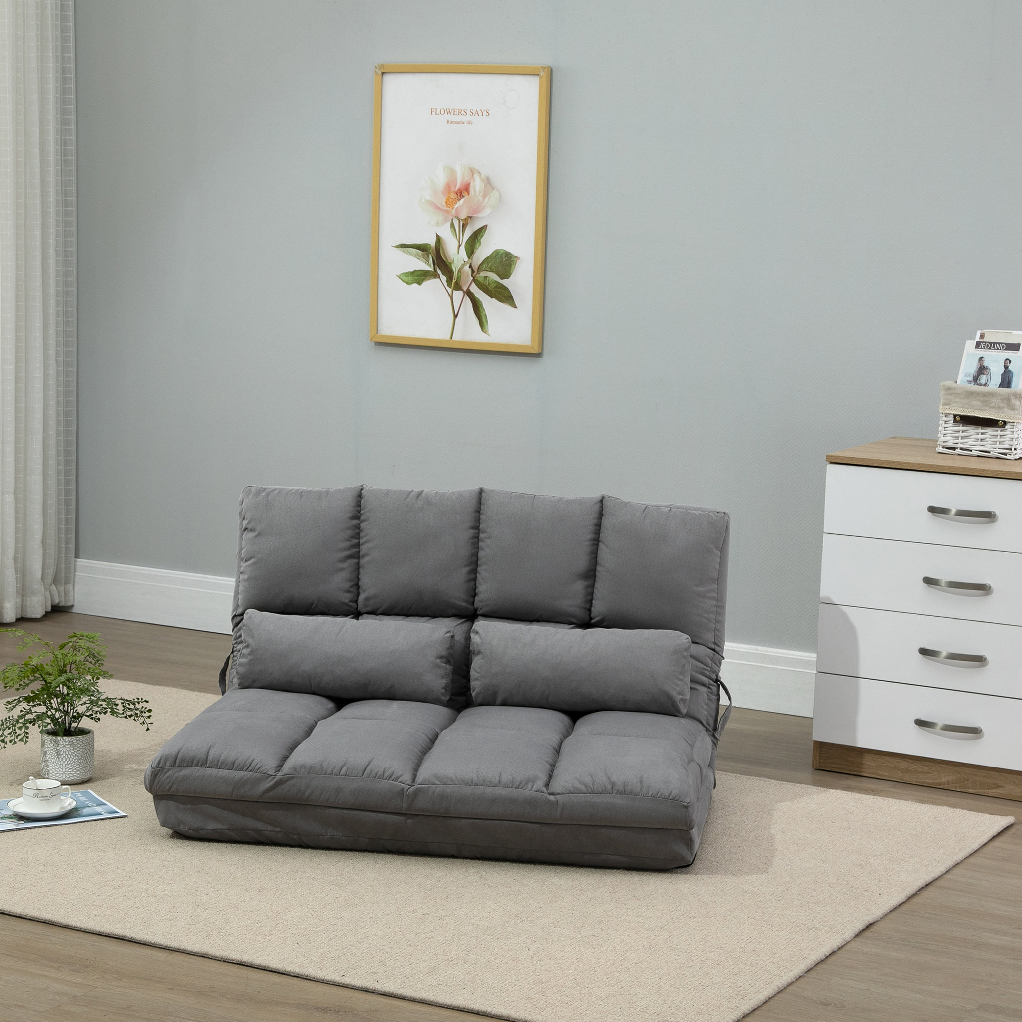 Voir la diapositive 2 : HOMCOM Chauffeuse - matelas d'appoint pliant - fauteuil convertible - inclinaison dossier réglable 14 positions - 2 coussins inclus - polyester aspect suédé gris