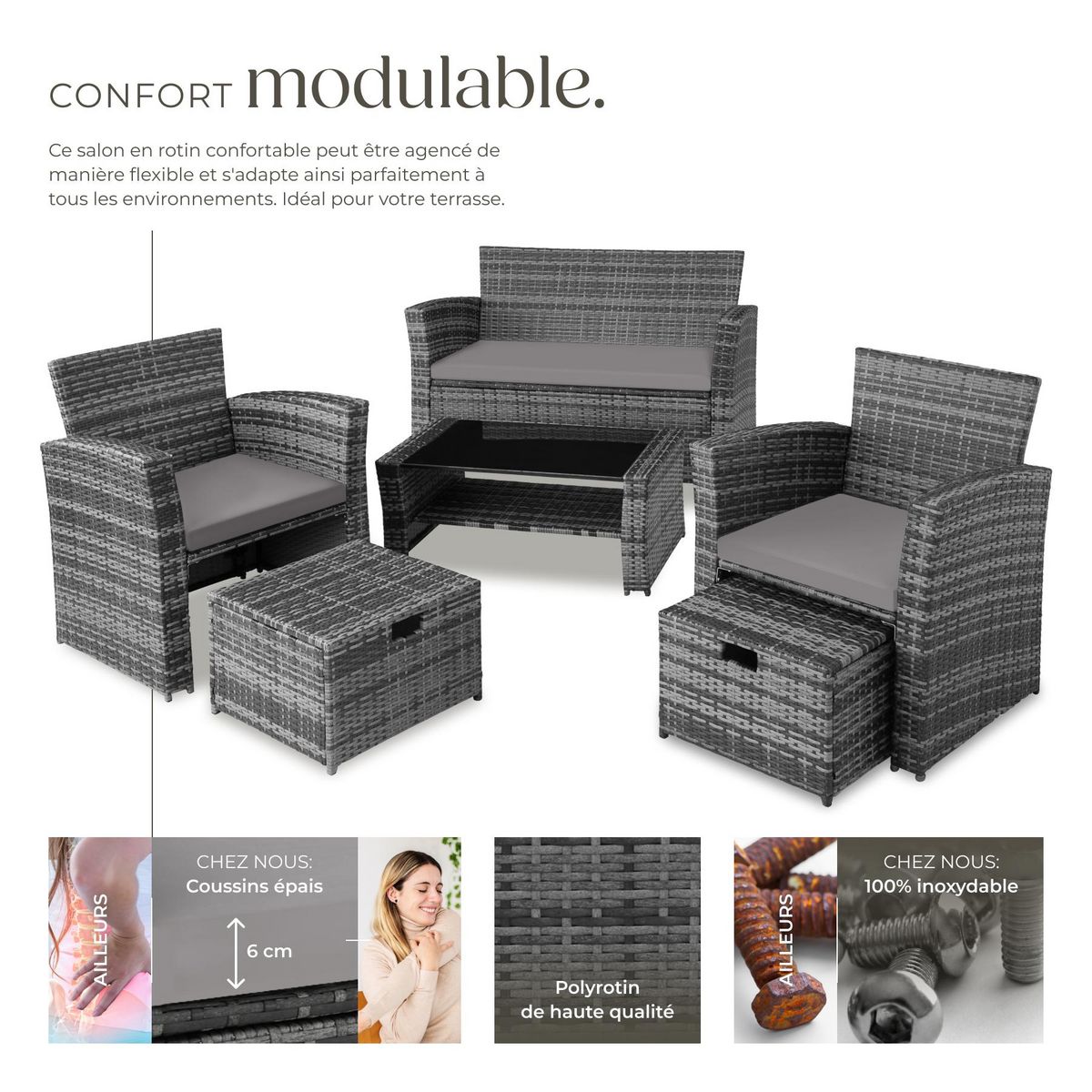 tectake Salon de jardin pour 4 à 6 personnes gris