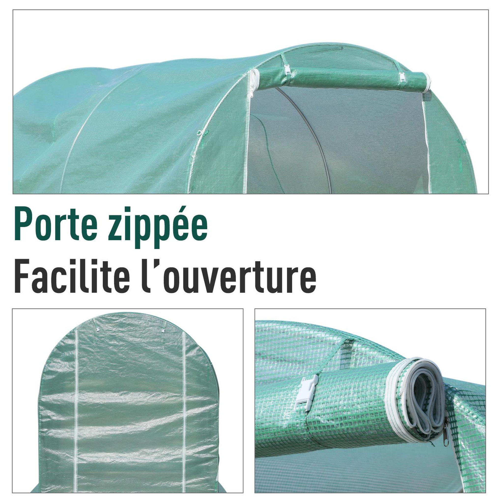Voir la diapositive 6 : OUTSUNNY Serre de jardin tunnel surface sol 6 m² 3l x 2l x 2,10h m châssis tubulaire renforcé porte zippée 4 fenêtres enroulables vert