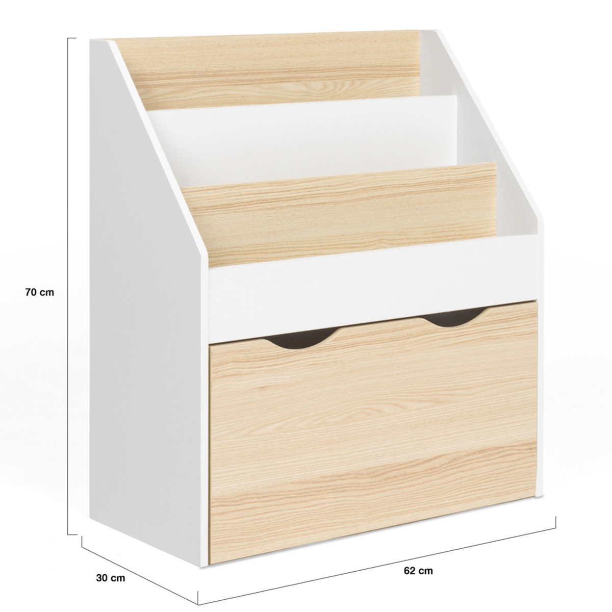 ID MARKET Meuble de rangement bibliothèque enfant MANA 3 étagères et 1 bac sur roulettes blanc et hêtre