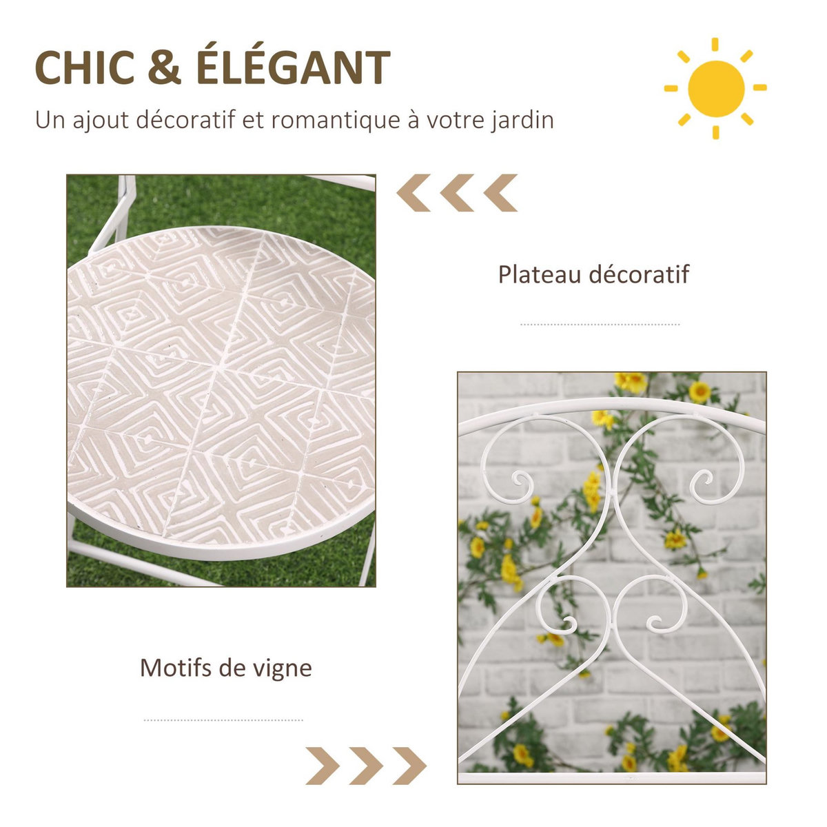 OUTSUNNY Ensemble de jardin bistro 3 pièces 2 chaises pliantes et table ronde - métal époxy, plateau mosaïque - blanc