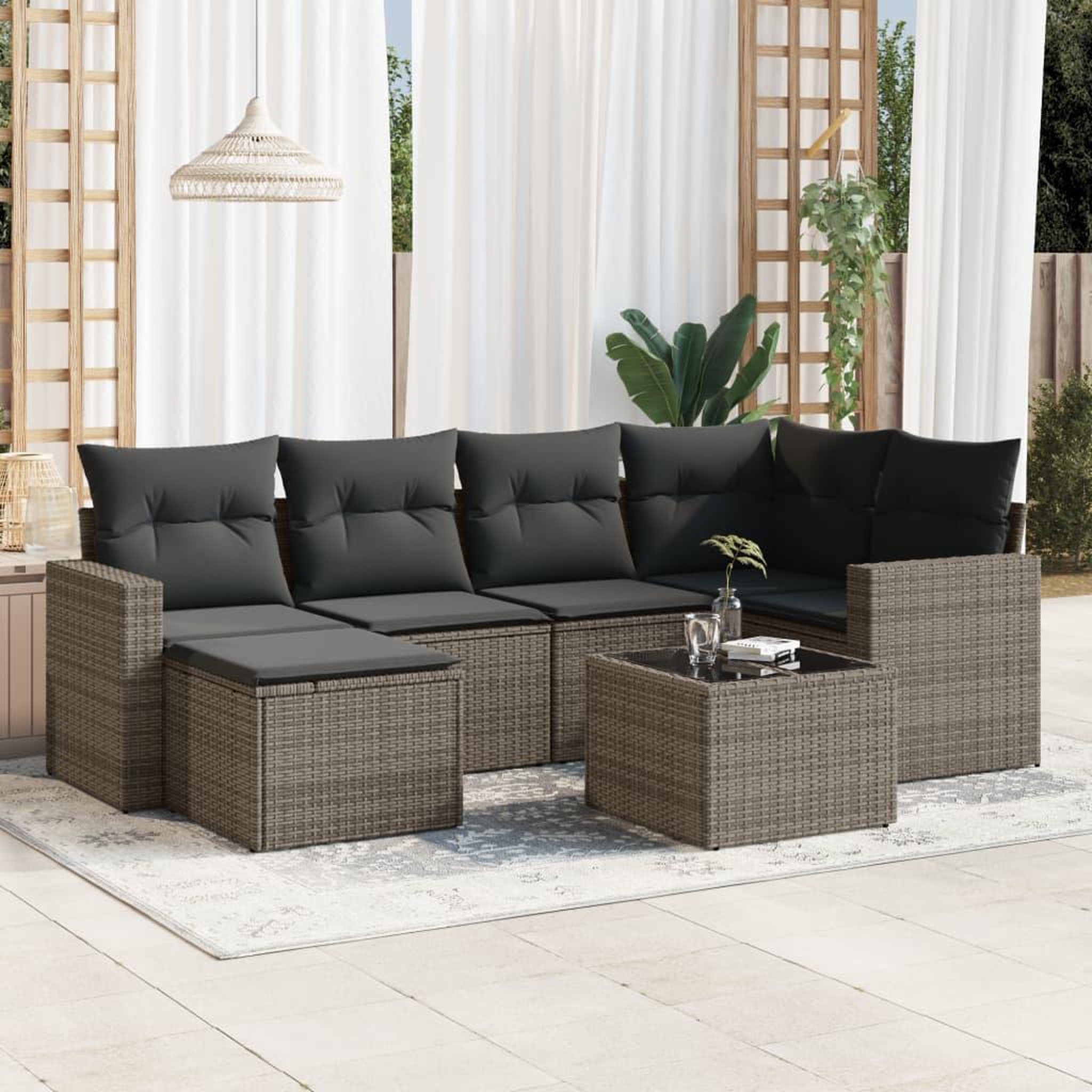 VIDAXL Salon de jardin avec coussins 7 pcs gris resine tressee