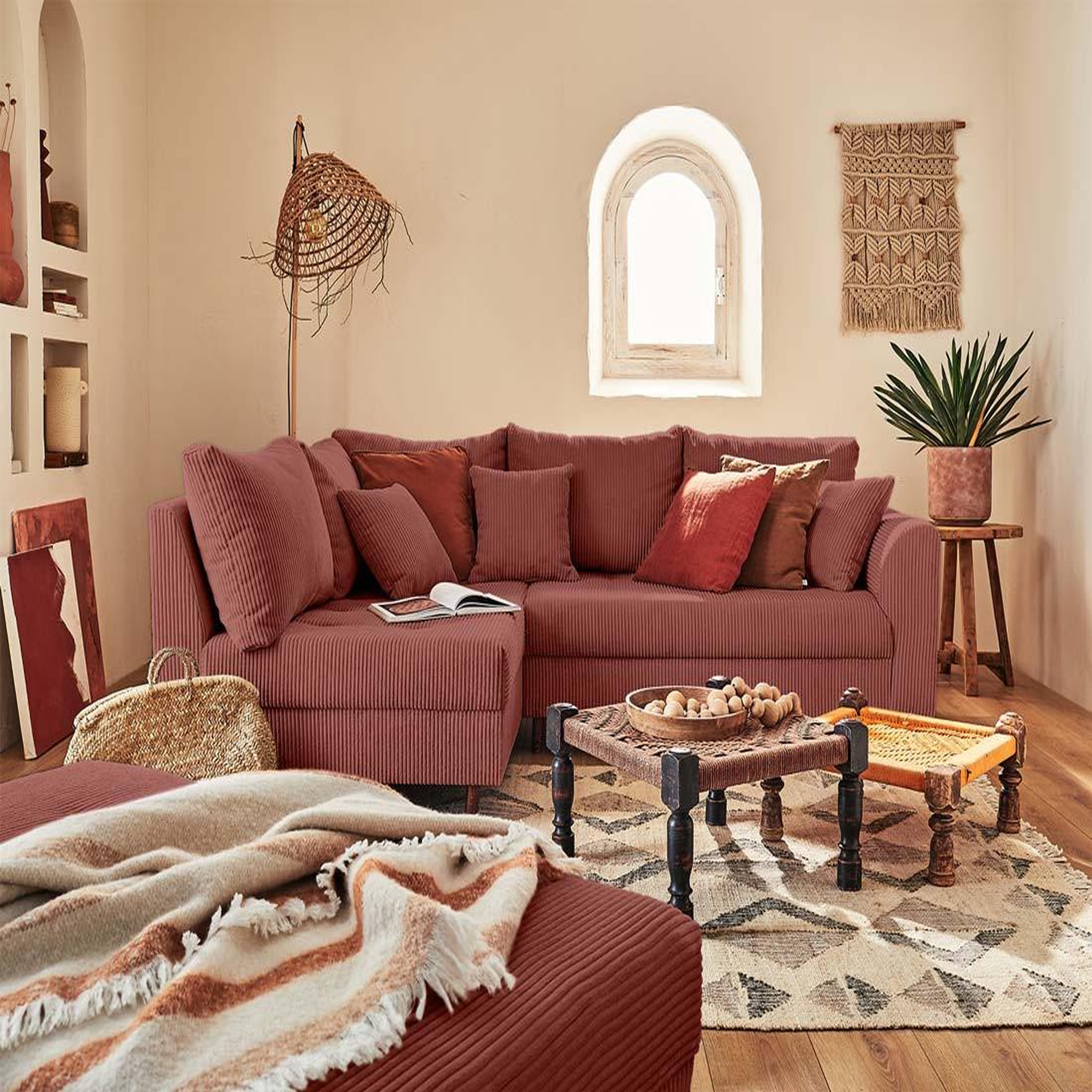 Voir la diapositive 5 : BEST MOBILIER Rune - canapé d'angle gauche - 4 places - avec pouf d'appoint - en velours côtelé