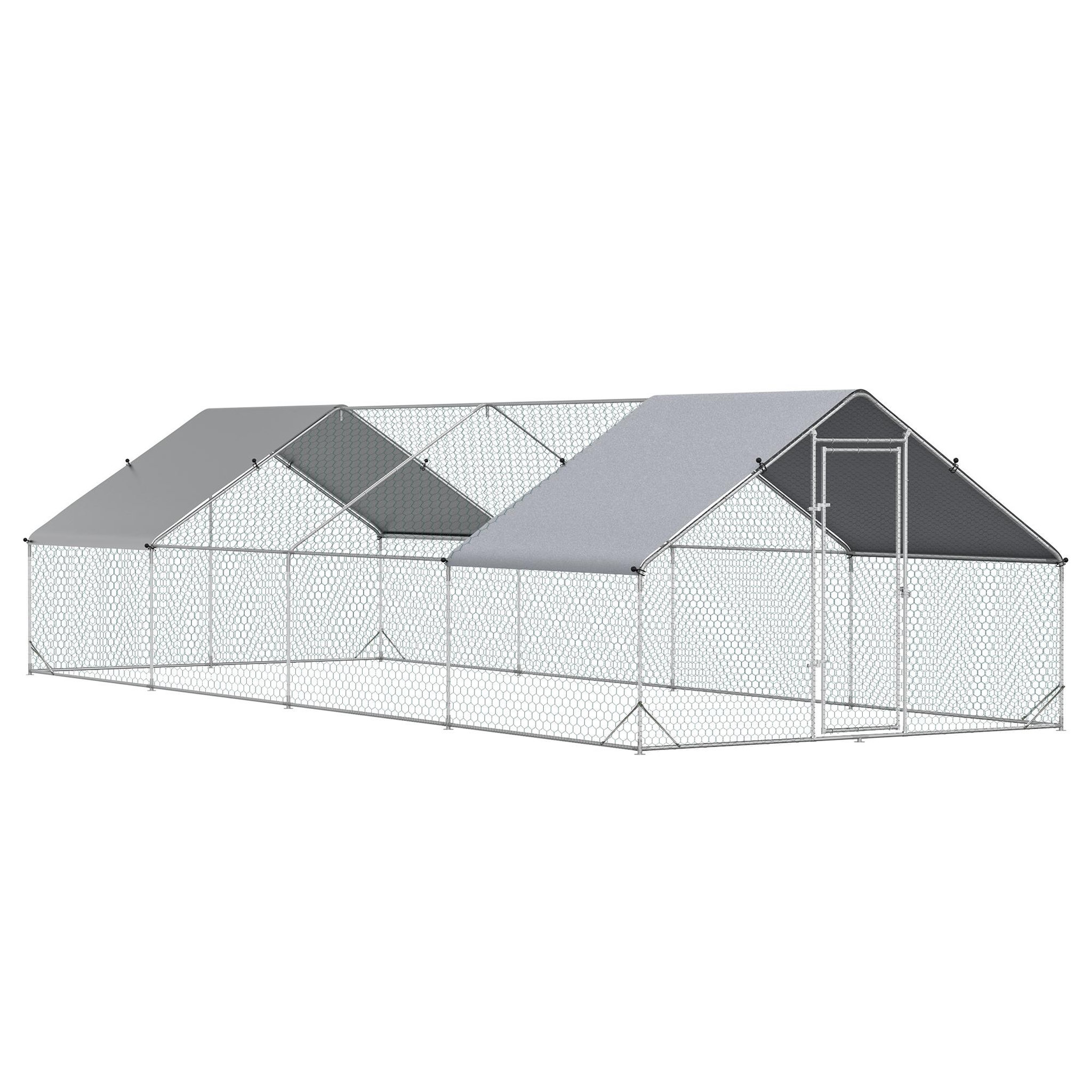 Voir la diapositive 4 : PAWHUT Enclos poulailler chenil 24 m² - parc grillagé dim. 8L x 3l x 2H m - double espace couvert - acier galvanisé
