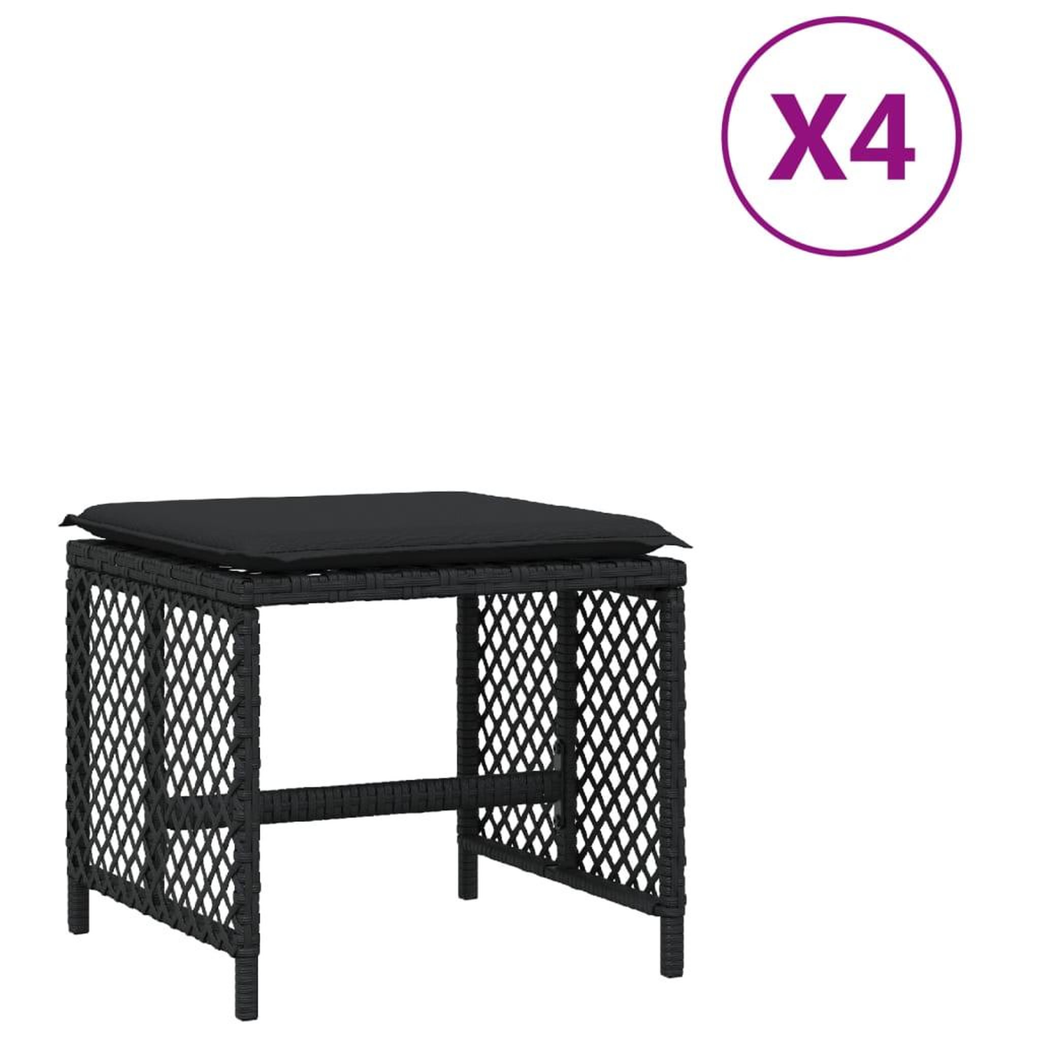 Voir la diapositive 2 : VIDAXL Tabourets de jardin et coussins lot de 4 noir 41x41x36 cm rotin