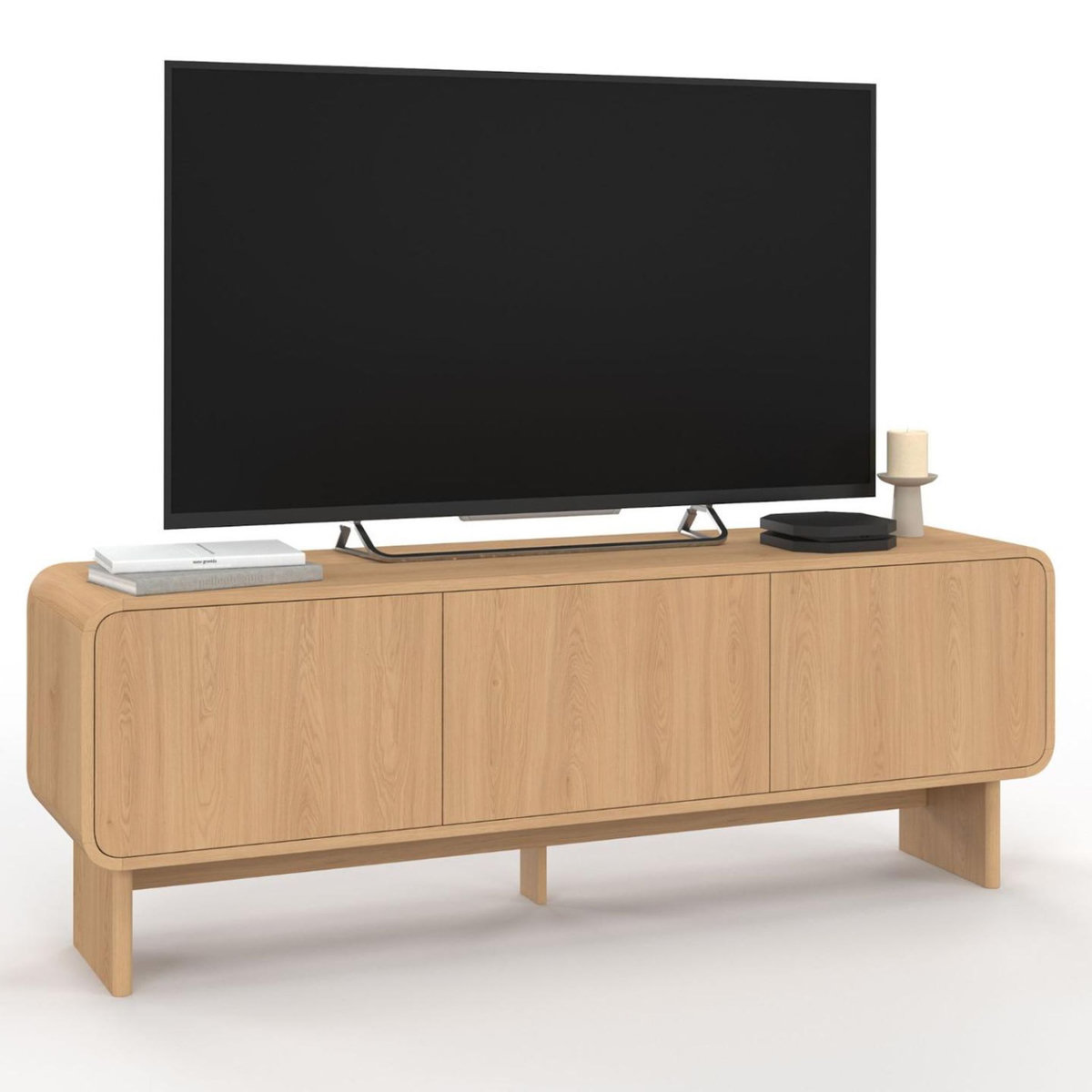 ID MARKET Meuble TV 140 cm CAPUCINE 3 portes façon hêtre design arrondi
