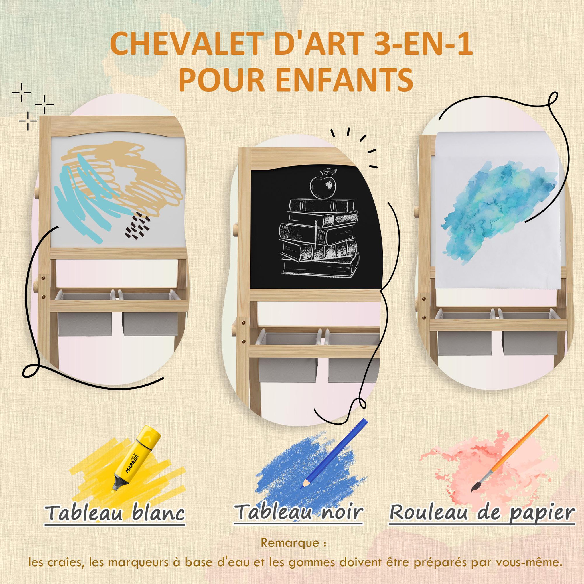 Voir la diapositive 4 : HOMCOM Tableau enfant - chevalet enfant - ardoise double face - tableau blanc tableau à craie - rouleau papier, 2 paniers rangement - MDF pin