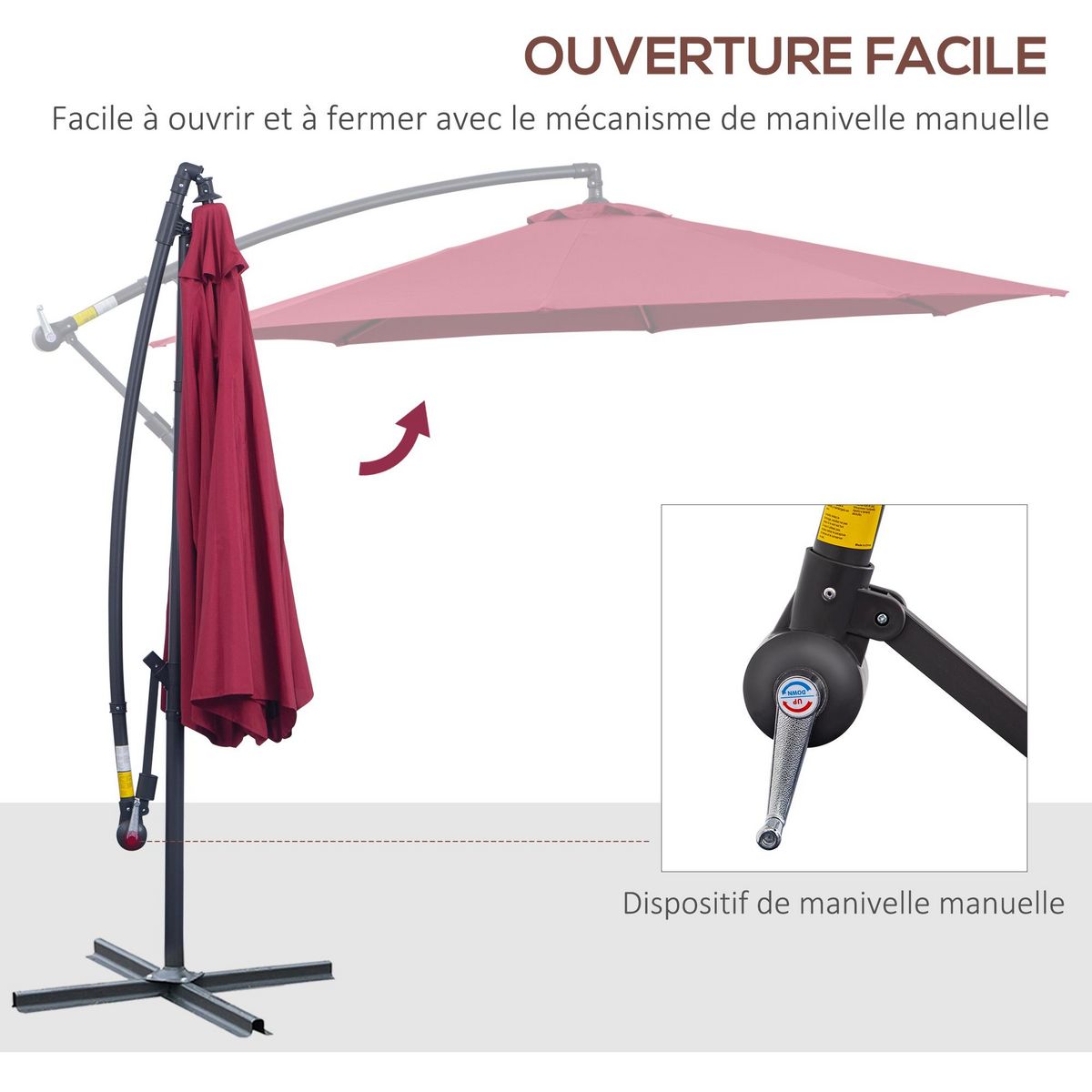 OUTSUNNY Parasol déporté octogonal à manivelle inclinable manivelle avec pied en acier diamètre 3 m rouge