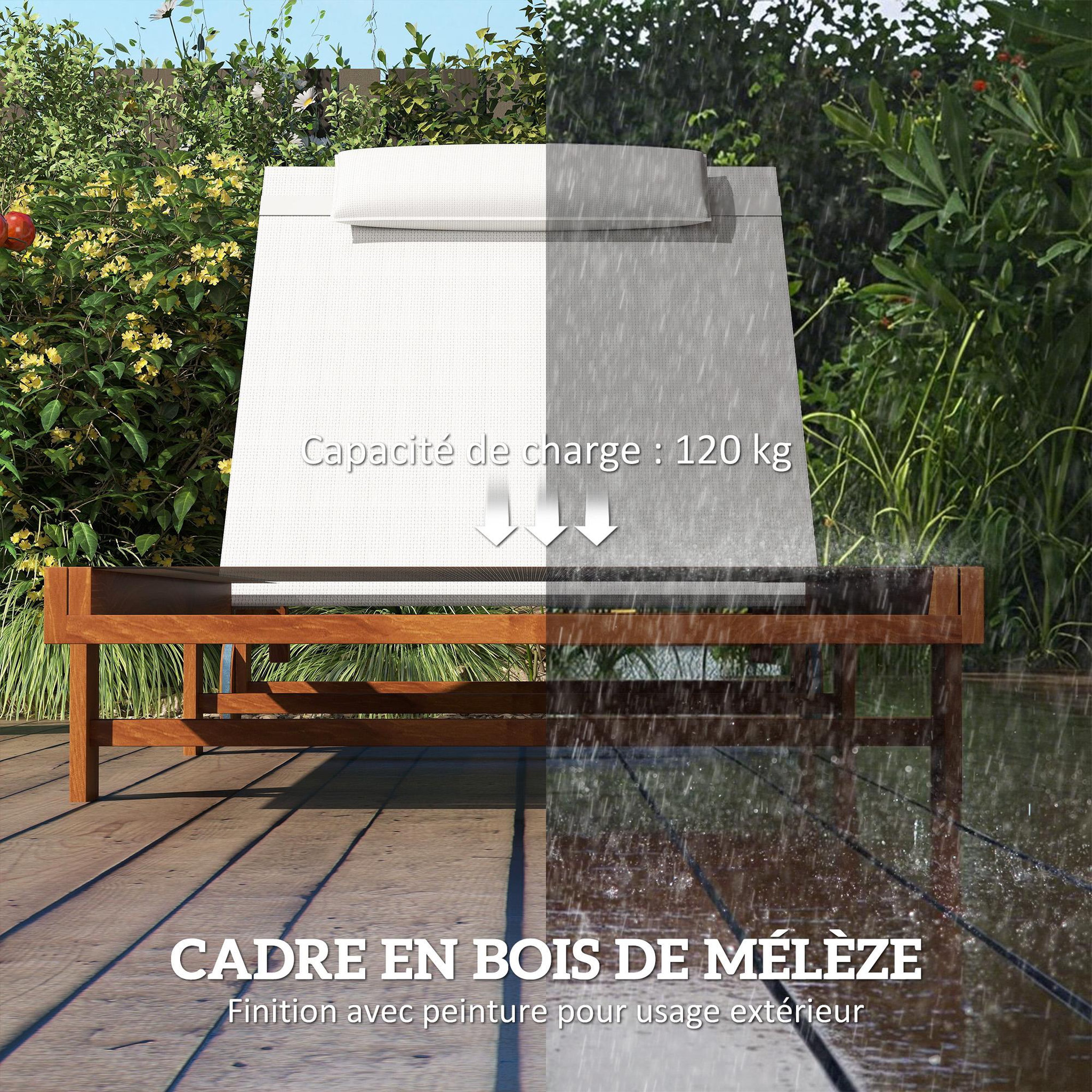 Voir la diapositive 5 : OUTSUNNY Bain de soleil style exotique bois avec 2 roues - inclinable, tétière - textilène blanc