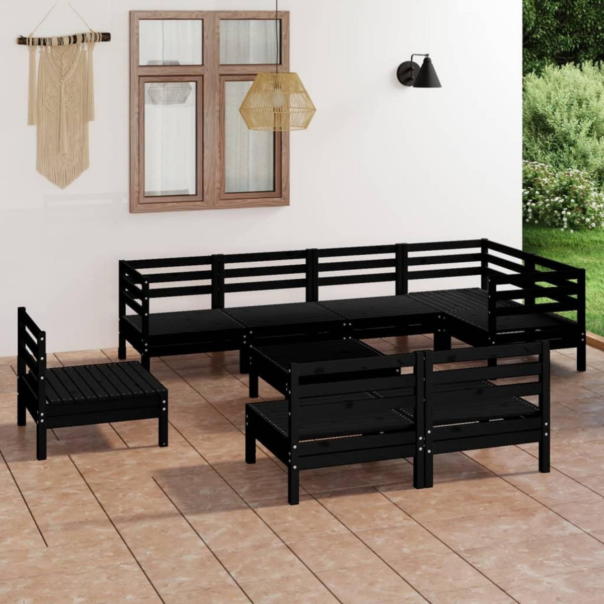 VIDAXL Salon de jardin 9 pcs Bois de pin massif Noir