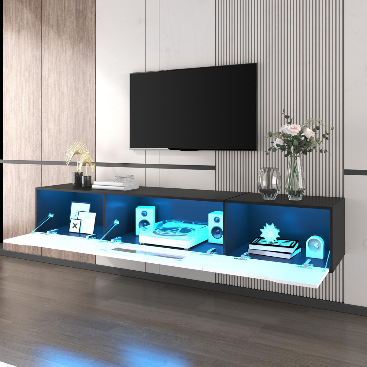 MERAX Meuble tv suspendu noir+blanc 180 cm led mdf