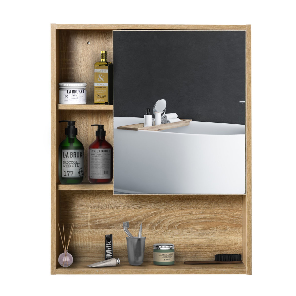 HOMCOM Armoire murale de rangement salle de bain avec porte miroir couleur bois de chêne dim. 60L x 15l x H76 cm