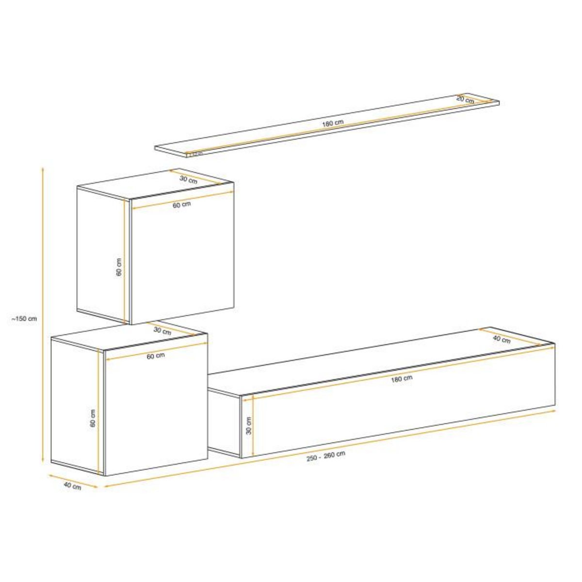 Paris Prix Meuble TV Mural Design  Switch V  250cm Naturel & Blanc