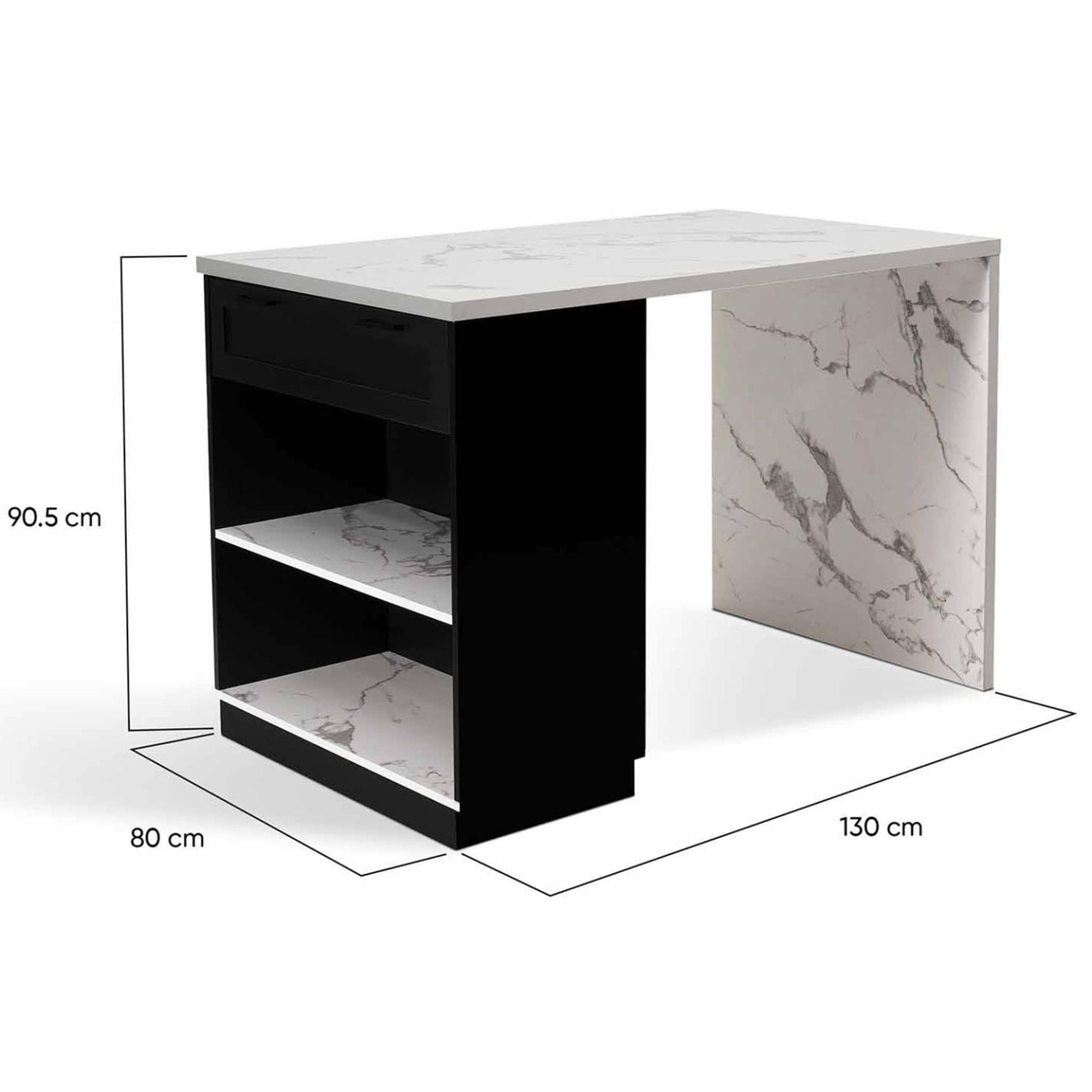 Voir la diapositive 5 : ID MARKET Ilot central mange debout 4 personnes vito 130 cm noir et plateau effet marbre alaska