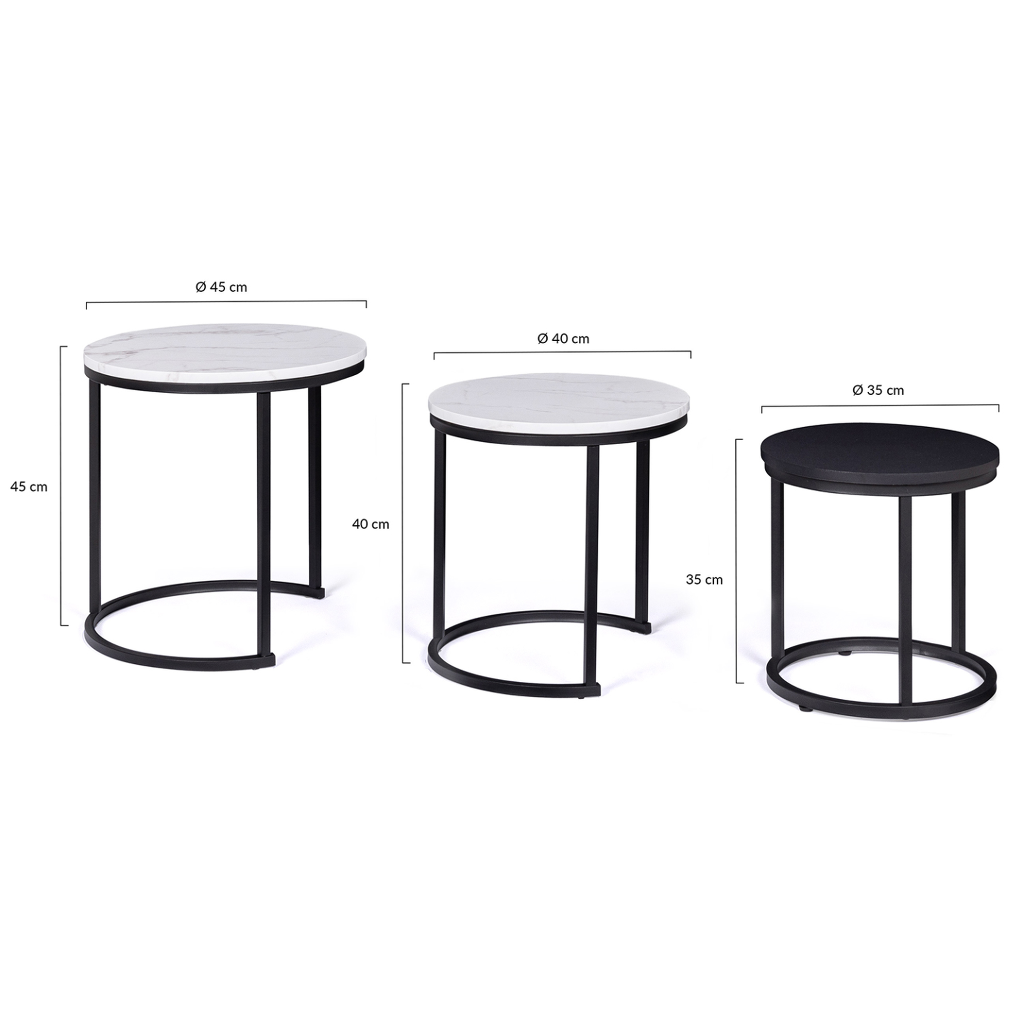 Voir la diapositive 5 : ID MARKET Lot de 3 tables basses gigognes alaska rondes 35/40/45 effet marbre et noir pieds métal
