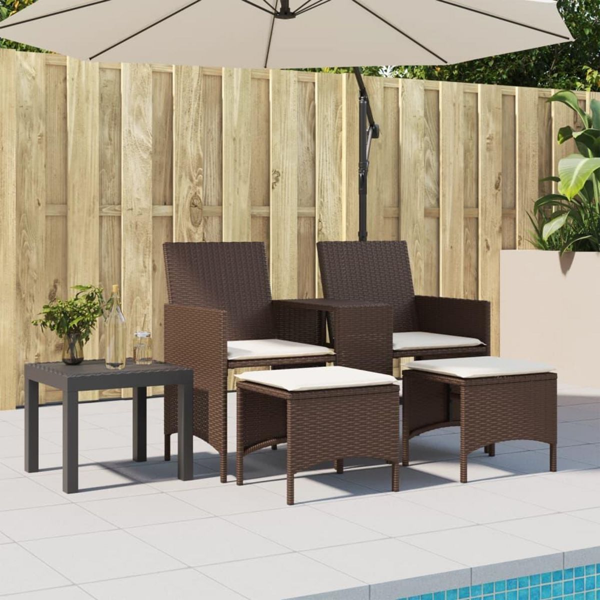 VIDAXL Canape de jardin 2 places avec table et tabourets marron rotin