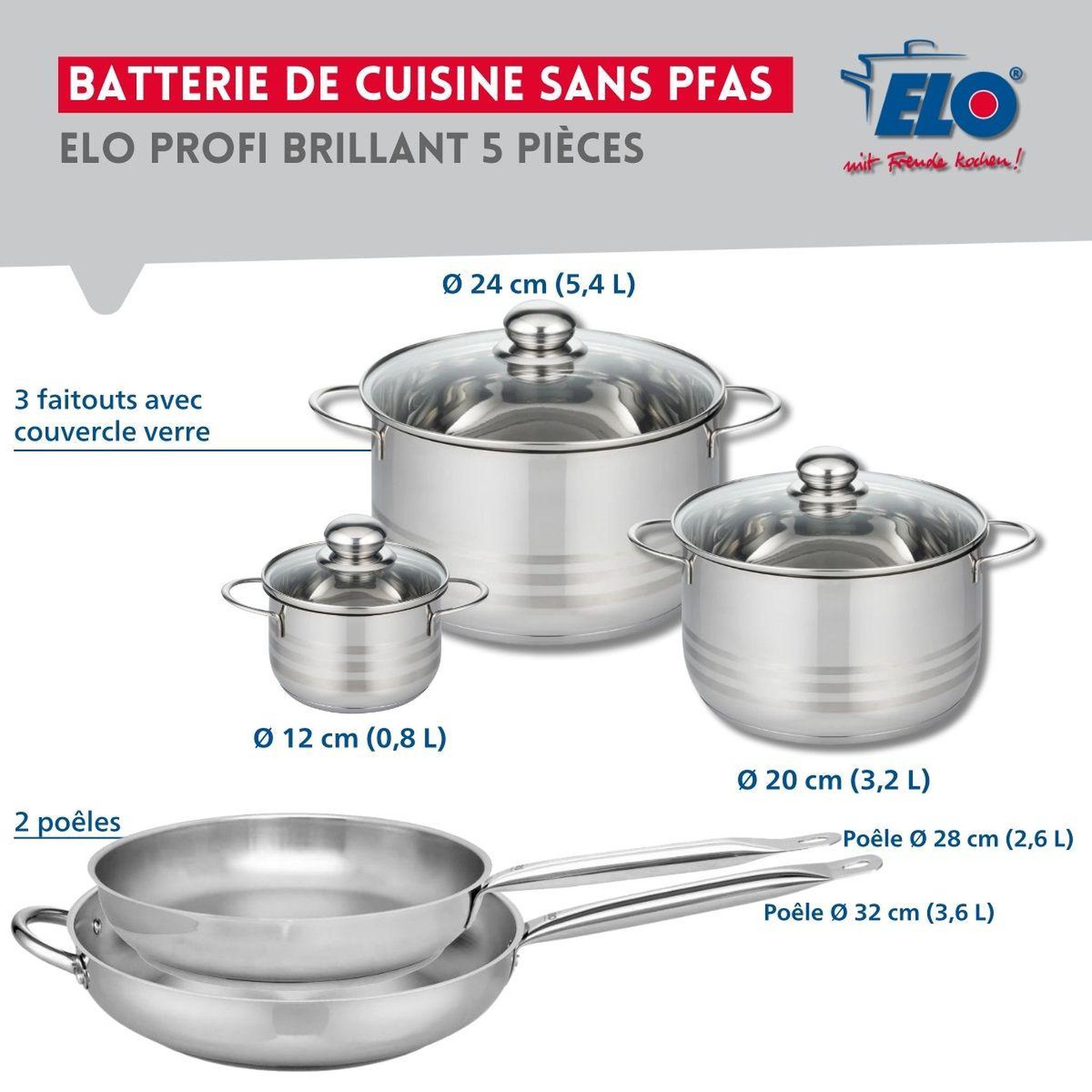 Voir la diapositive 2 : ELO Ensemble de 2 poêles de cuisson 28 et 32 cm et 3 faitouts 12, 20 et 24 cm elo profi brillant