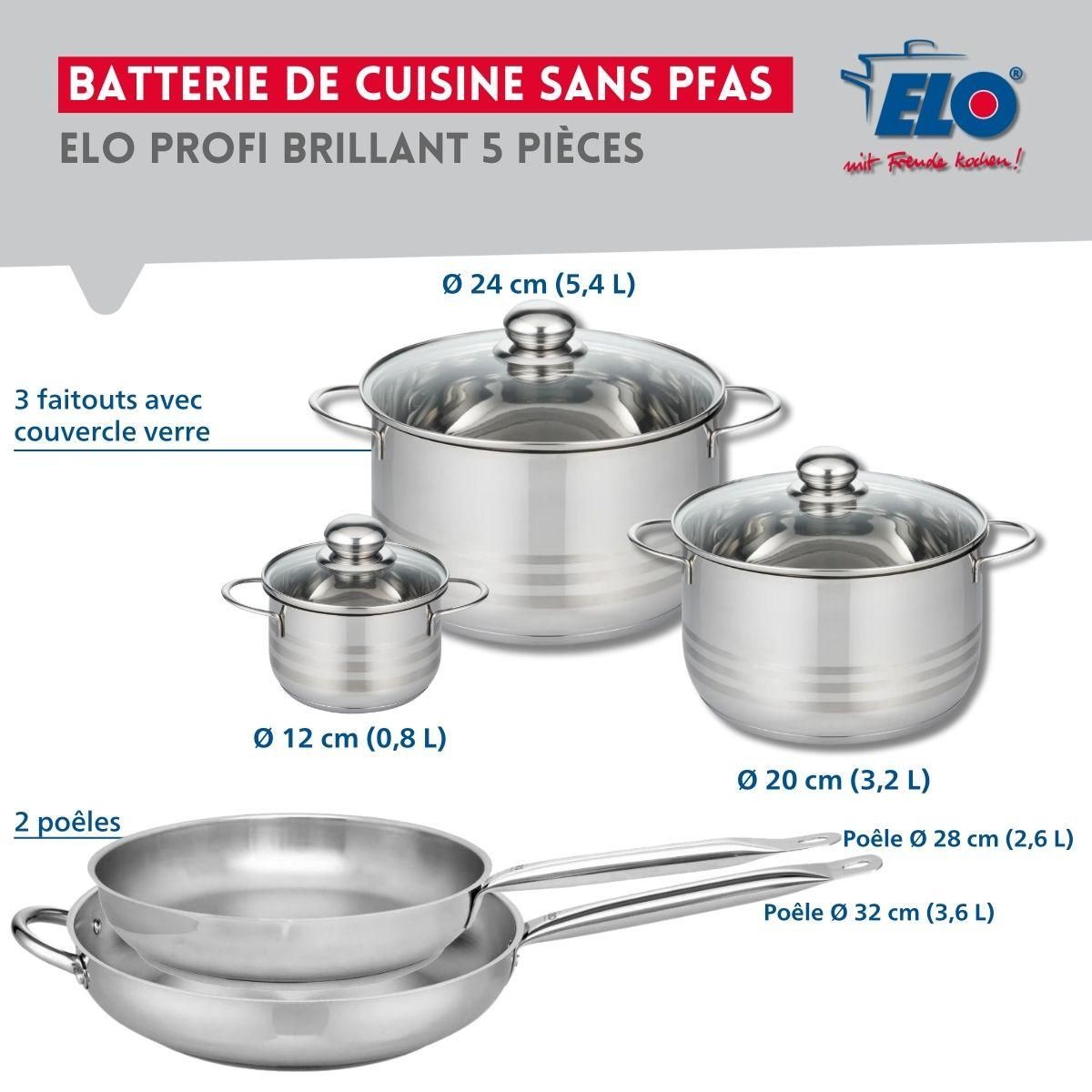 ELO Ensemble de 2 Poêles de cuisson 28 et 32 cm et 3 faitouts 12, 20 et 24 cm Elo Profi Brillant
