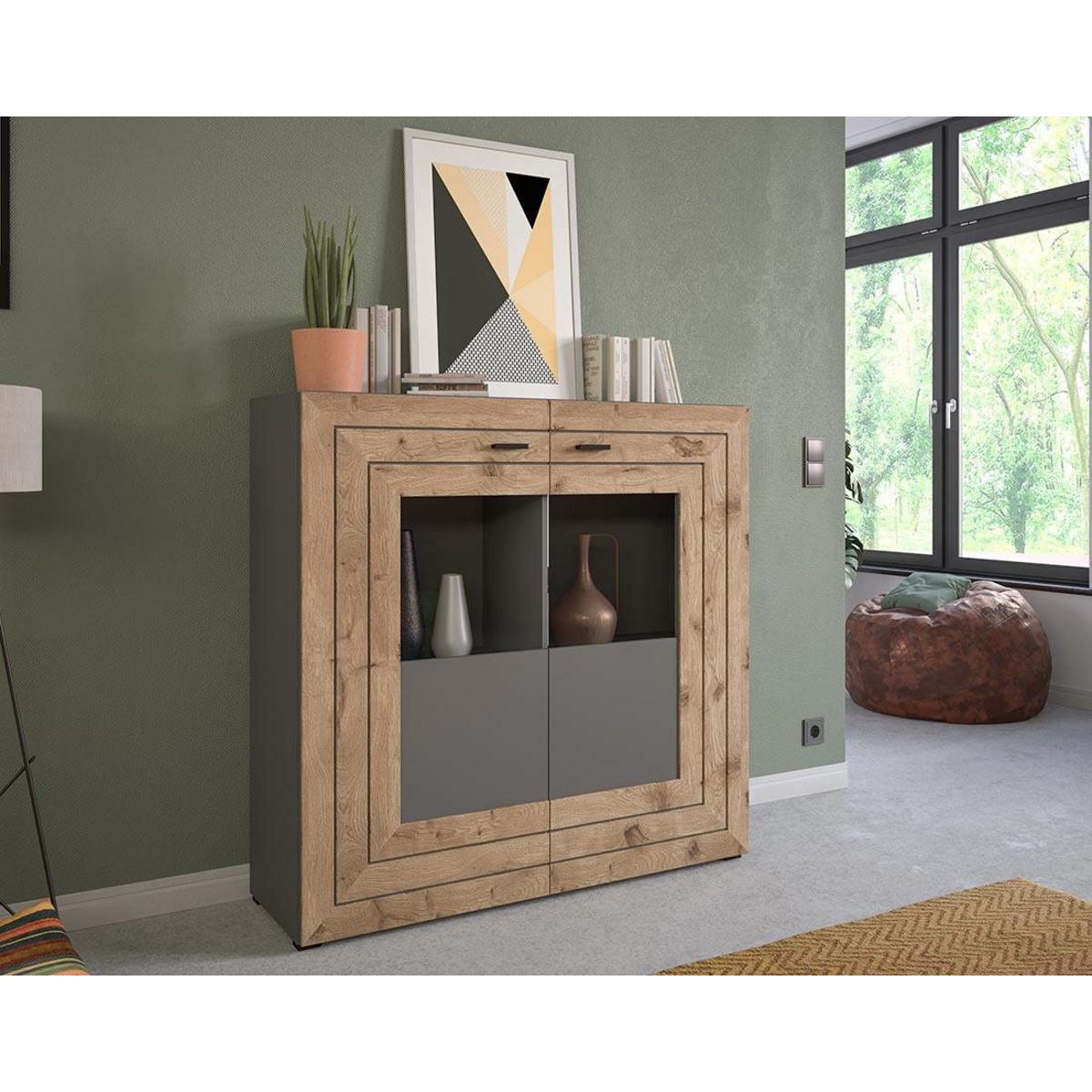 BEST MOBILIER Wexford - buffet haut - gris et effet bois - 120 cm