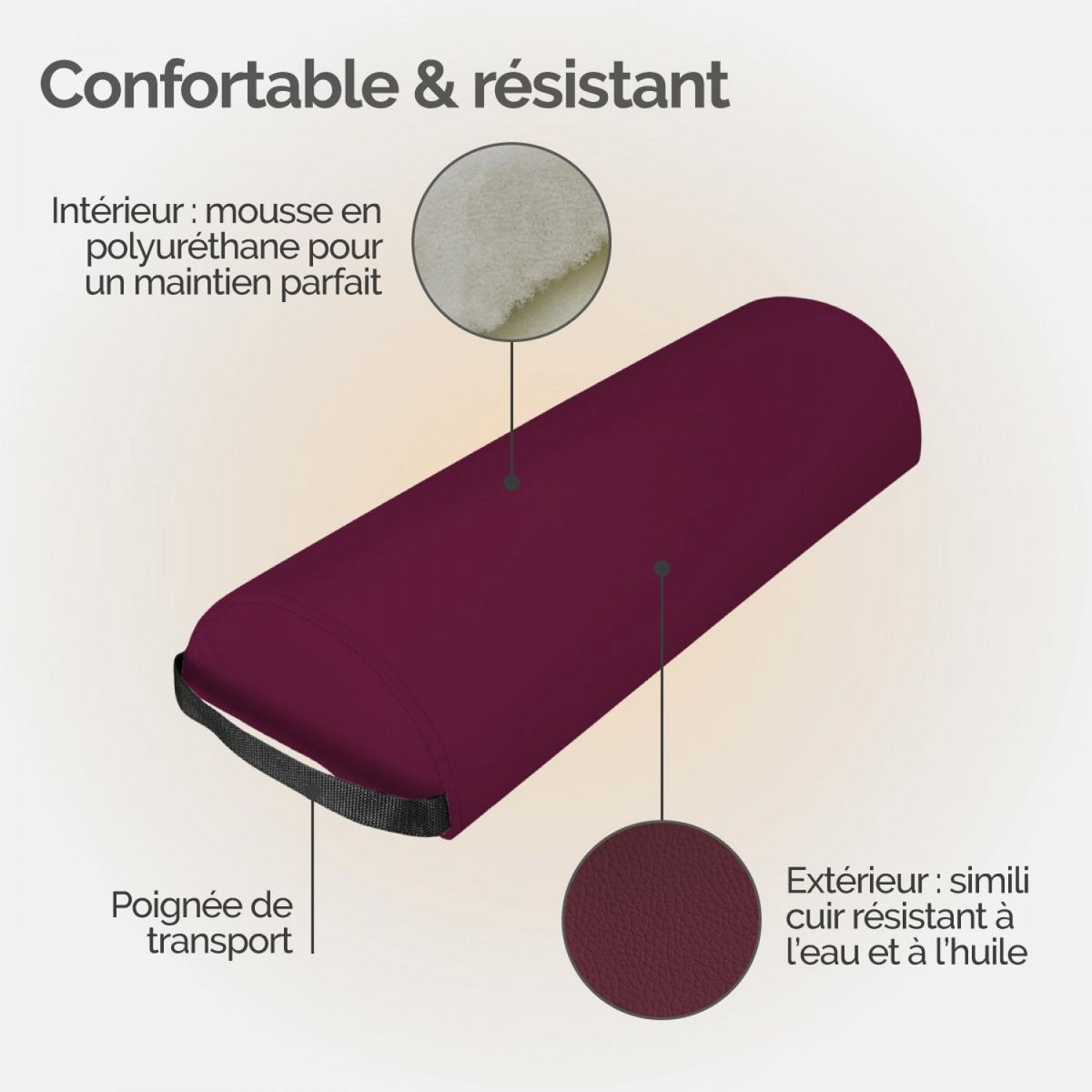 VIVEZEN Traversin, coussin demi-rond 66 cm x 22 cm x 12 cm pour table de massage