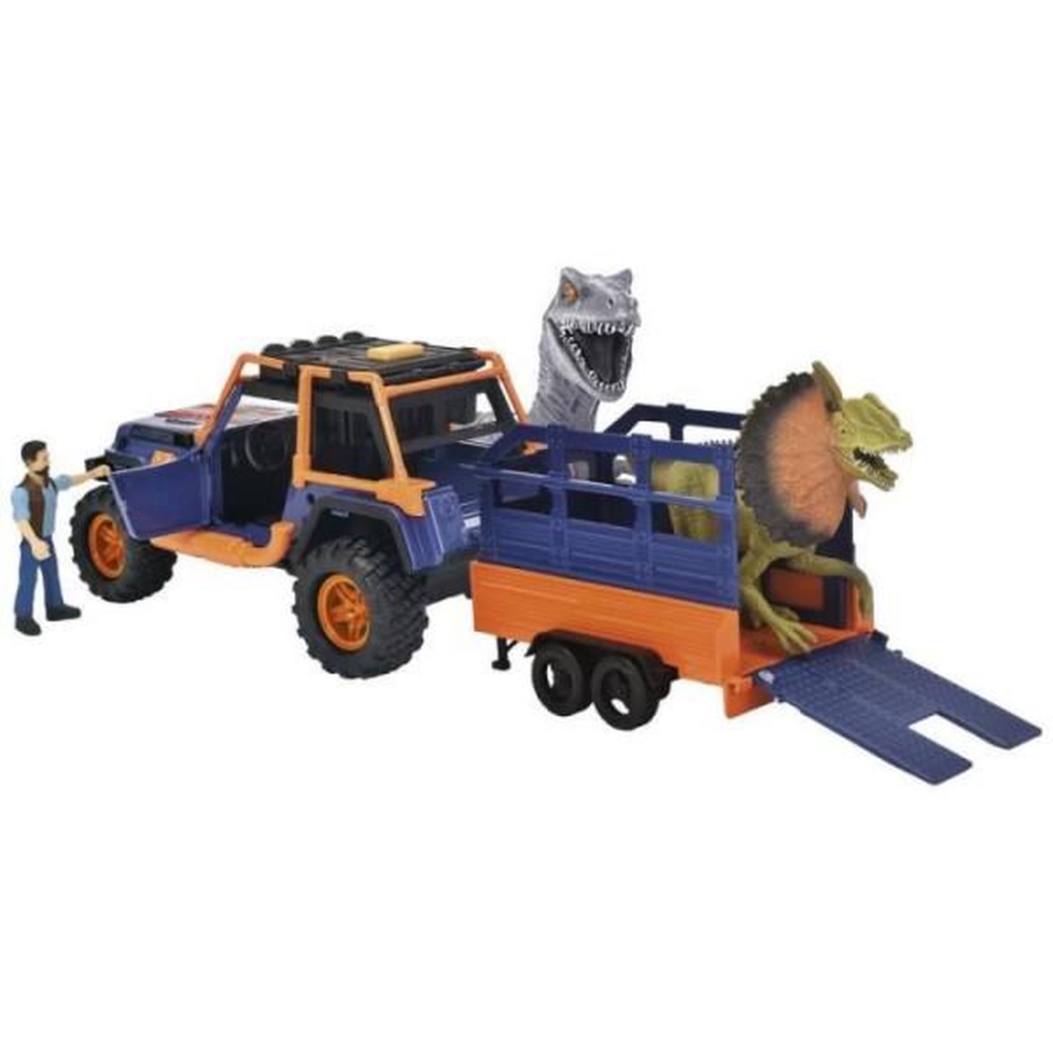 Voir la diapositive 2 : SIMBA.DICKIE.GROUP Commandant de dinosaures - dickie - 1 jeep wrangler avec remorque + 1 figurine articulée + 2 dinosaures