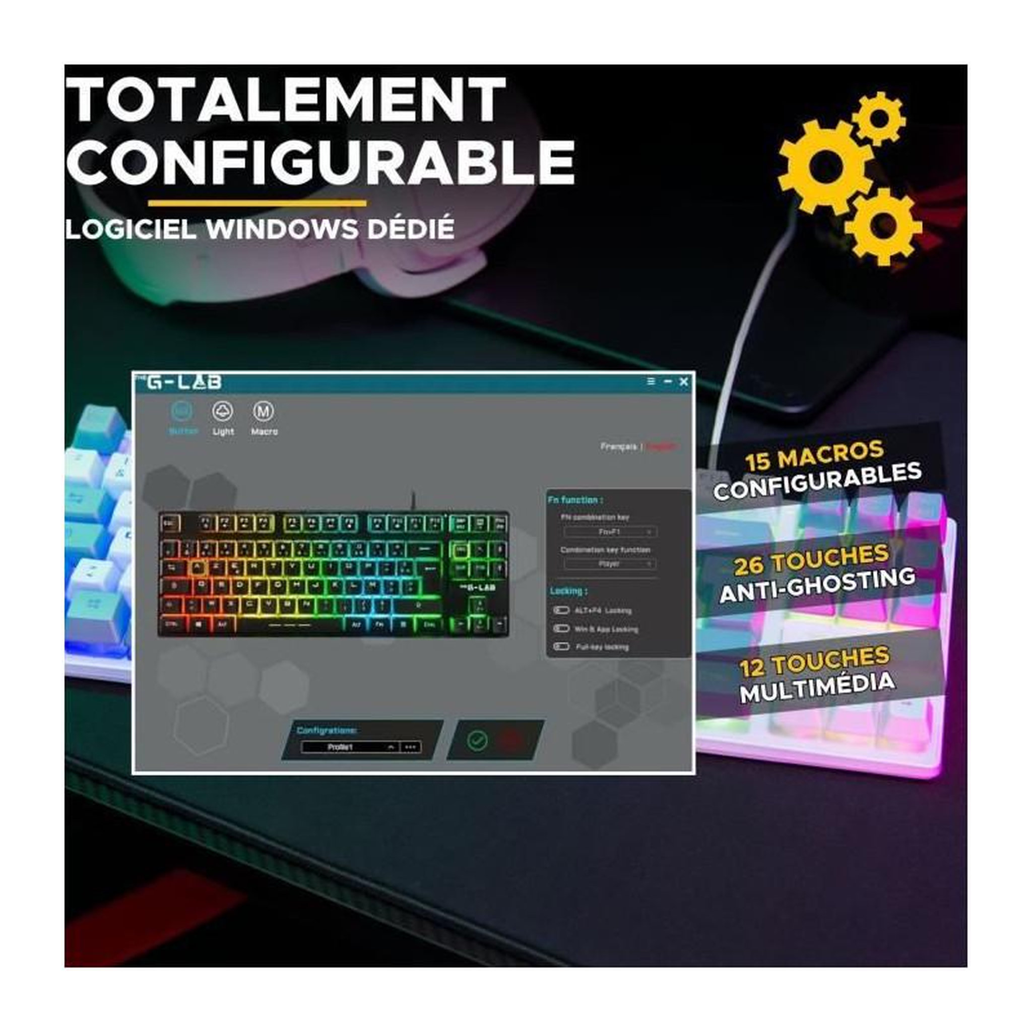 Voir la diapositive 5 : THE G-LAB Clavier Gamer - The G-Lab - KEYZ CAESIUM - RGB - Blanc & gris - TKL