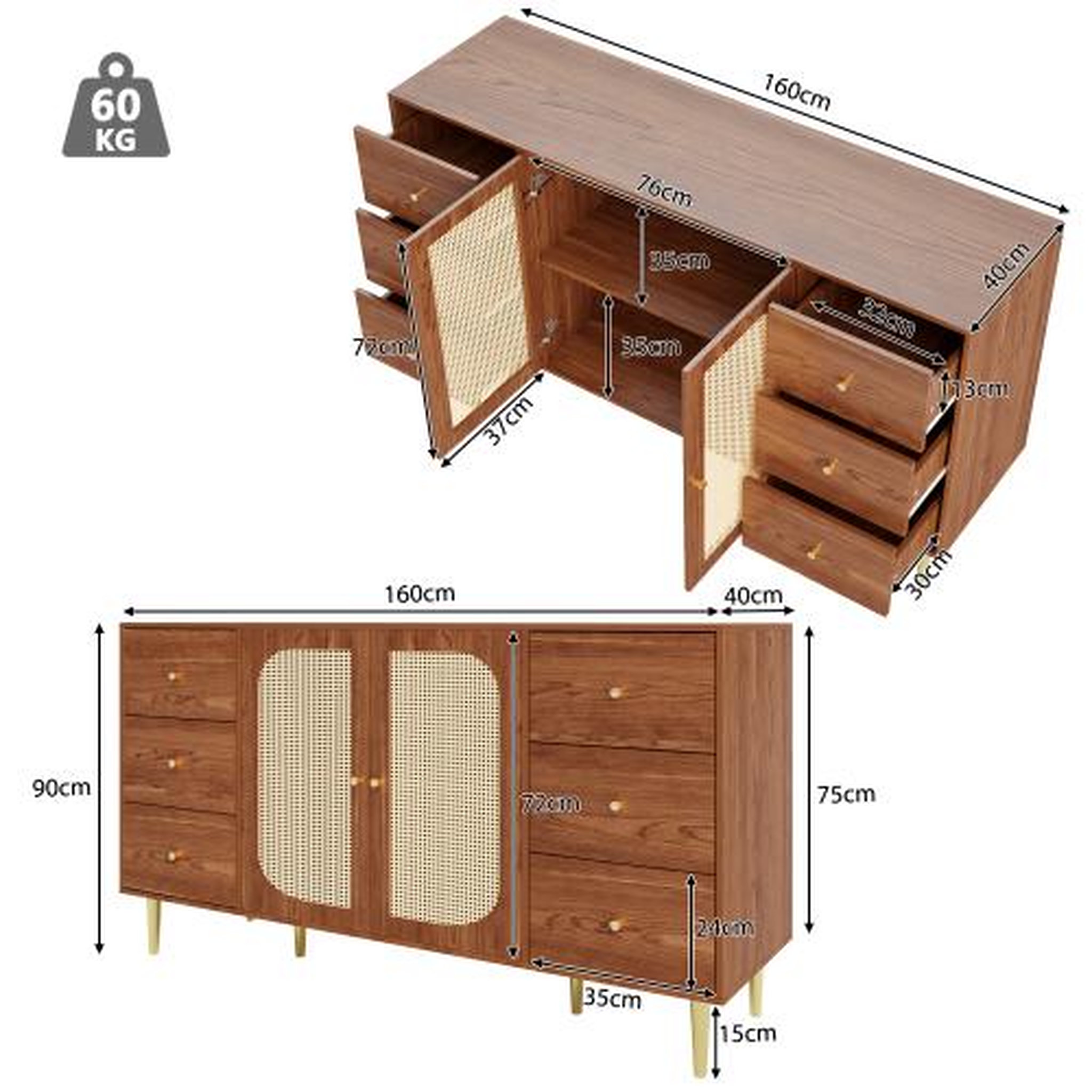 Voir la diapositive 3 : MERAX Buffet 2 porte(s) 6 tiroir(s) - 160 cm naturel mdf