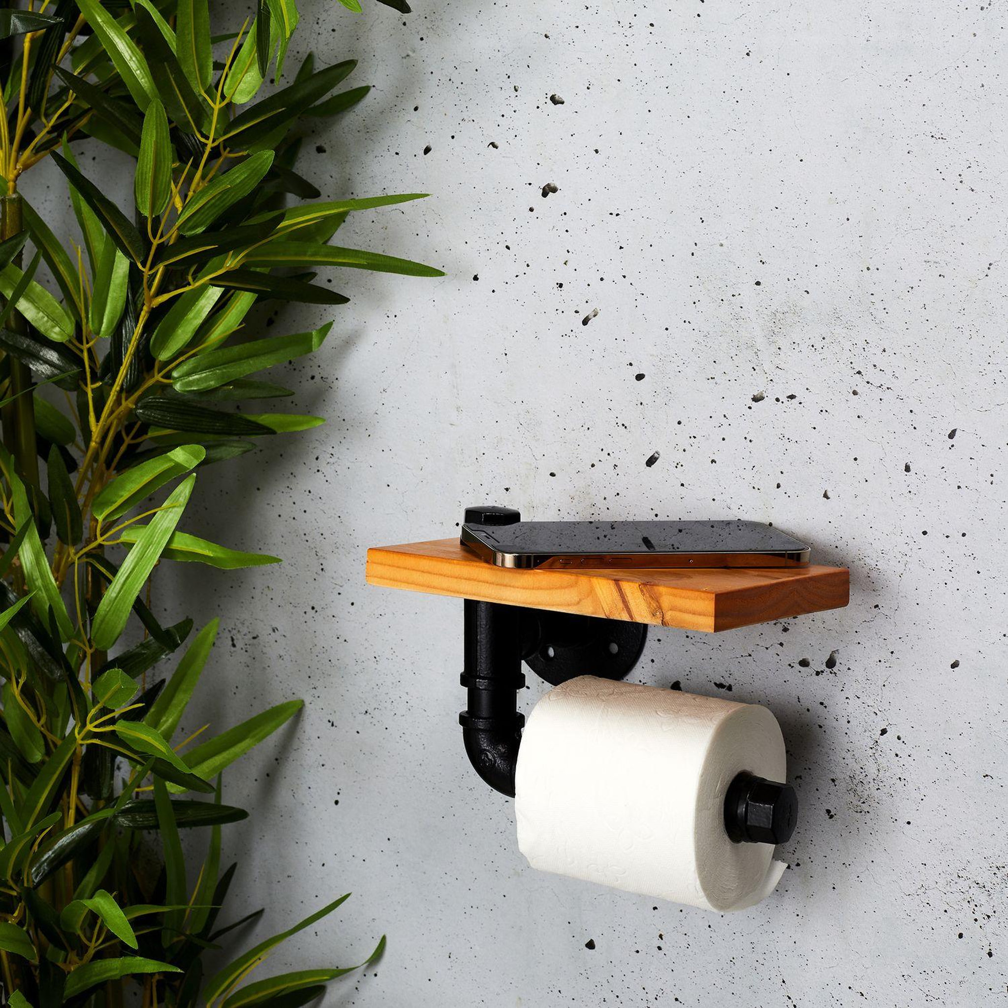 Voir la diapositive 2 : TOILINUX Dérouleur papier wc en bois de pin et métal - marron et noir
