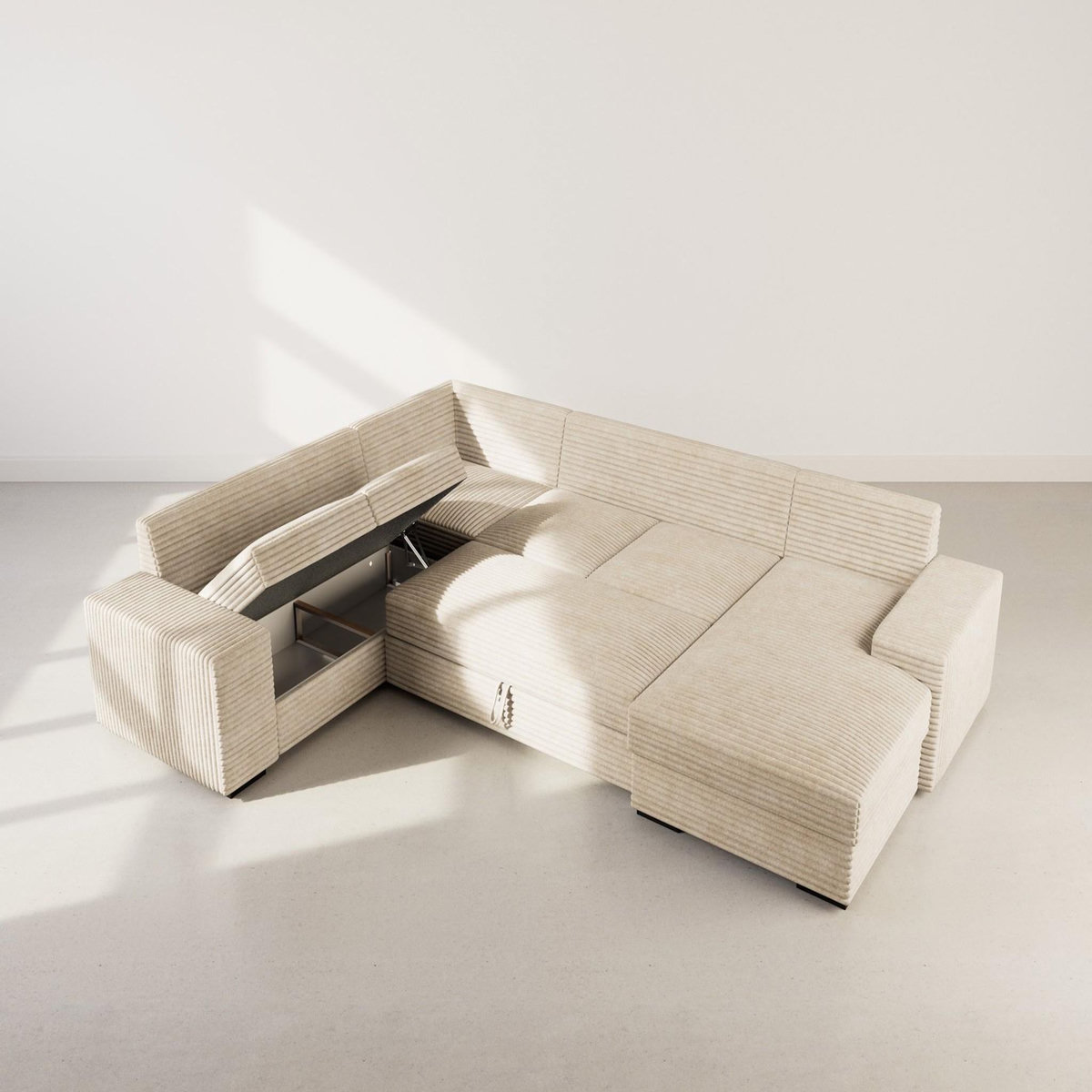 BEST MOBILIER Lorie - canapé panoramique d'angle gauche 7 places convertible en velours côtelé grosse côte avec coffre