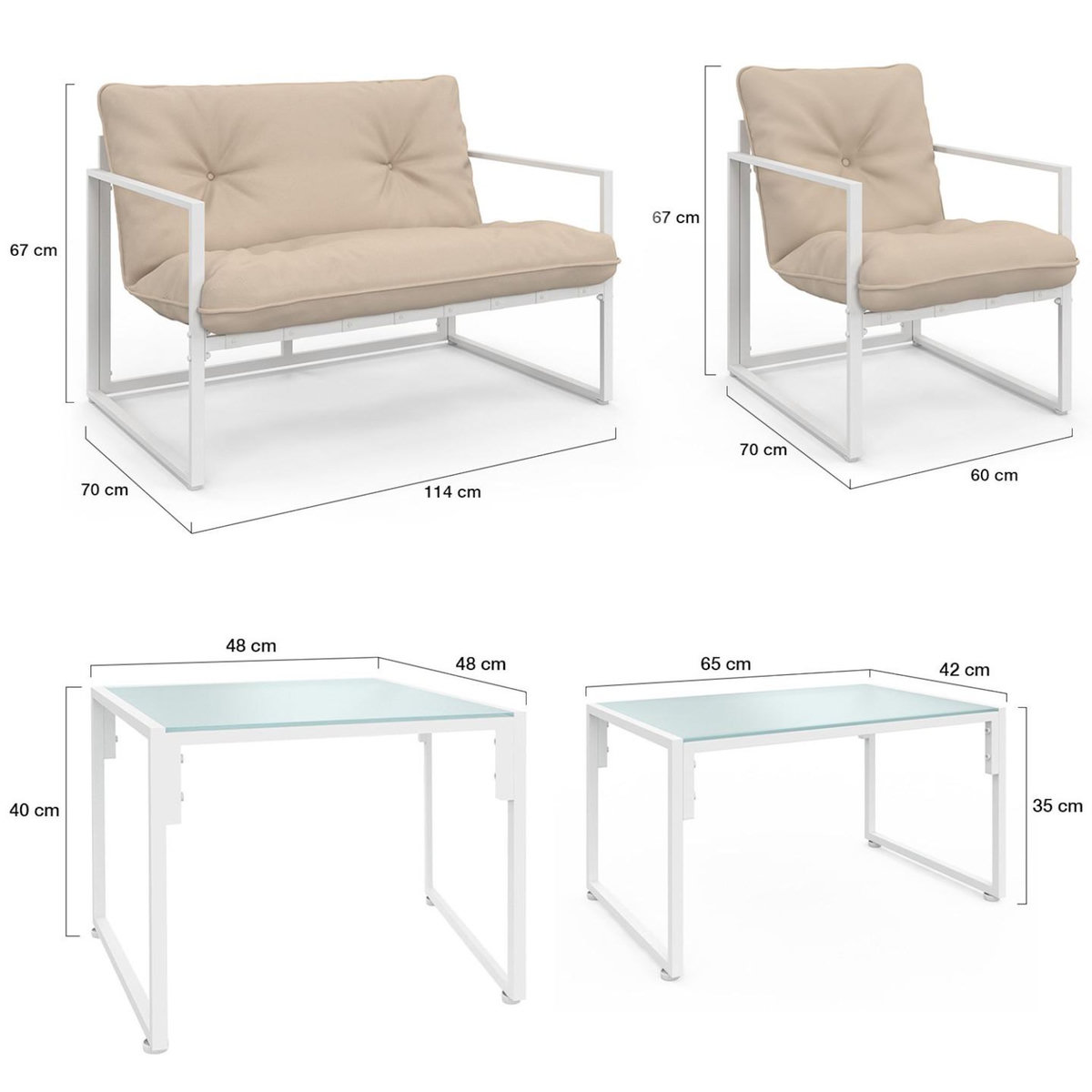 ID MARKET Salon de jardin bas NAIROBI 6 places en acier blanc et coussins beiges