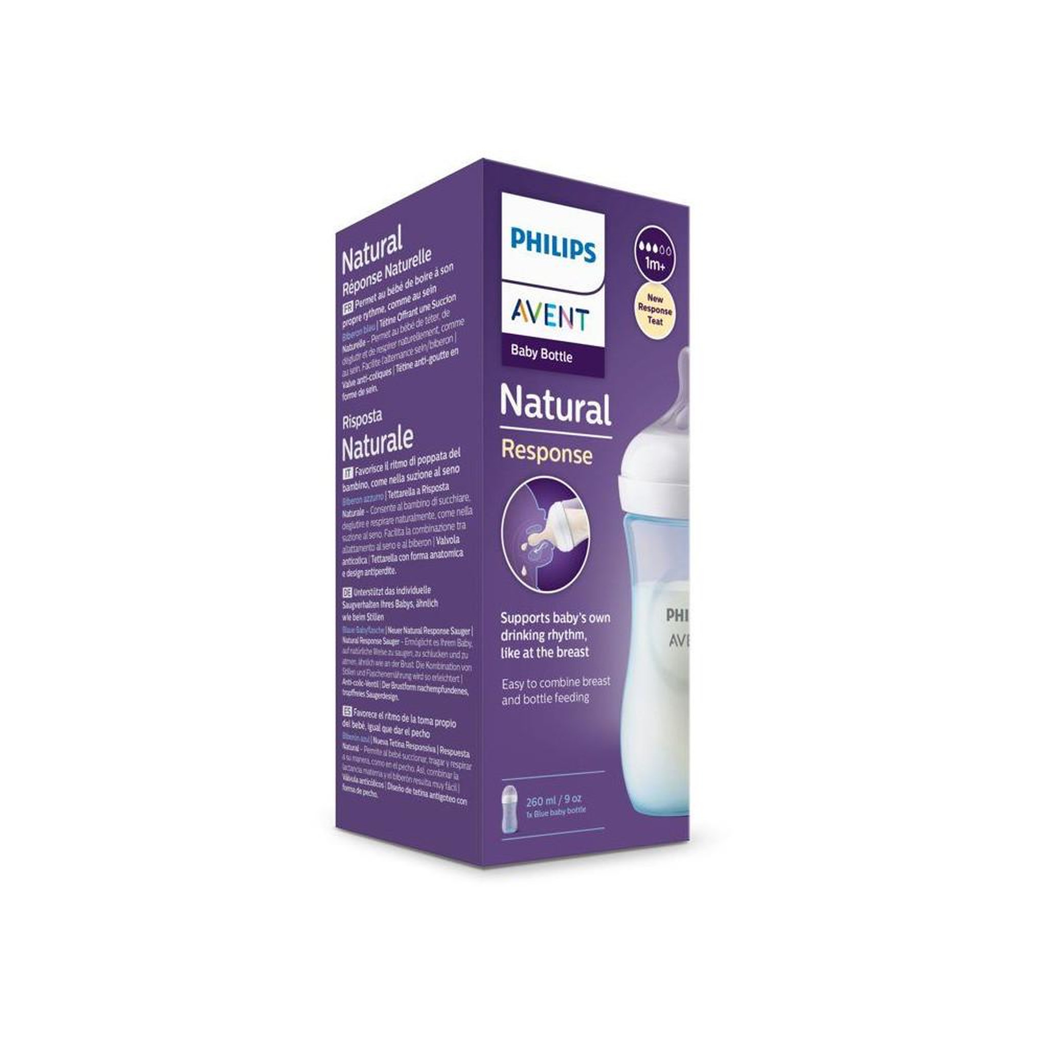 Voir la diapositive 3 : Philips Avent Biberon bébé 260 ml natural response bleu à tétine débit moyen imitant le sein anti-colique anti-fuite