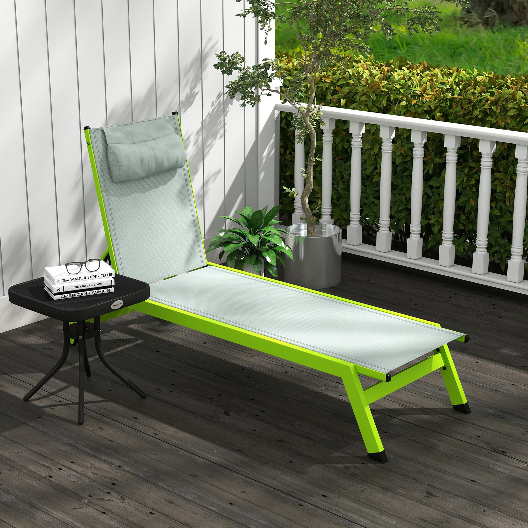 Voir la diapositive 2 : OUTSUNNY Bain de soleil transat inclinable 5 positions - tétière, 2 roulettes - alu. textilène vert