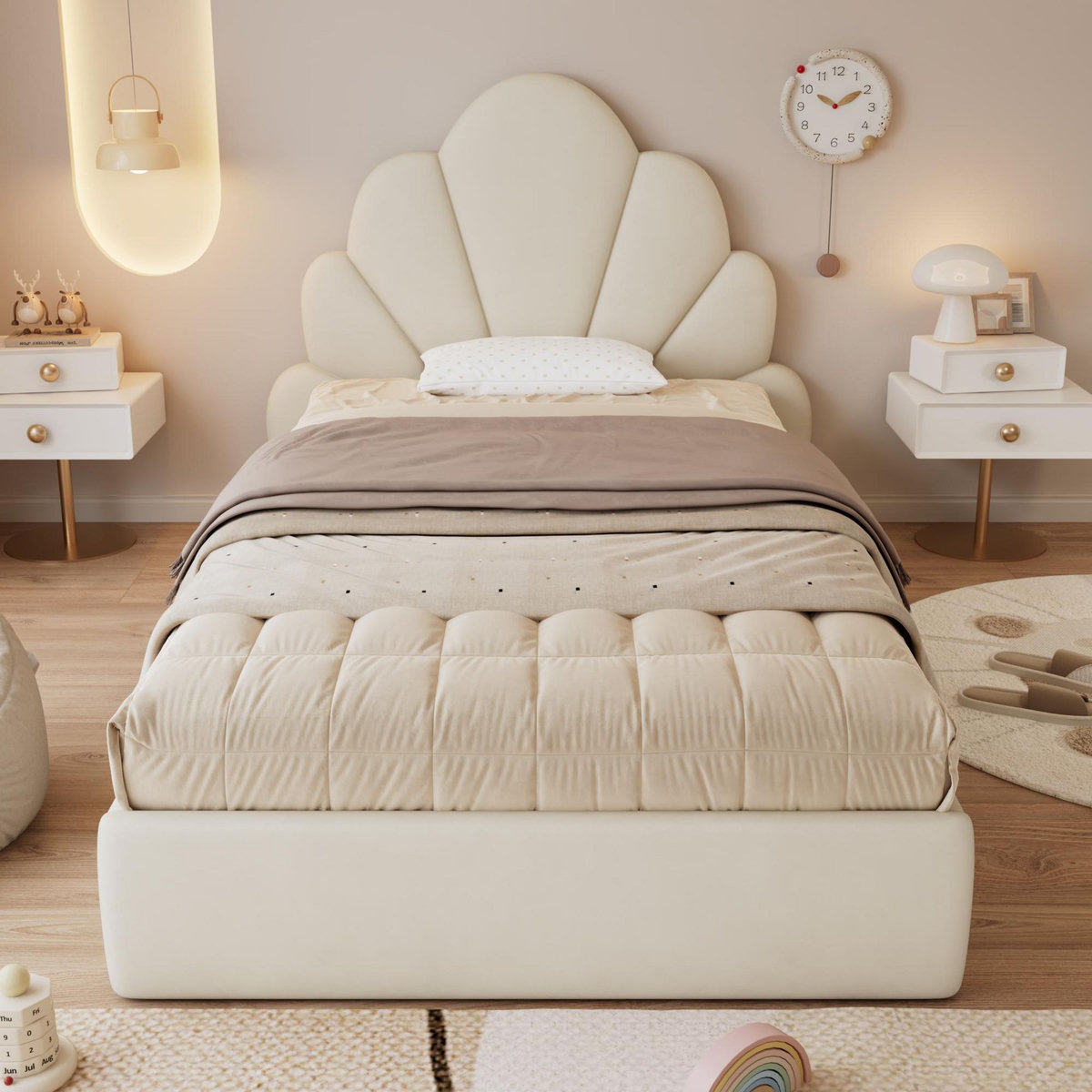 MERAX Lit simple enfant rembourré 90x200cm velours coloris beige