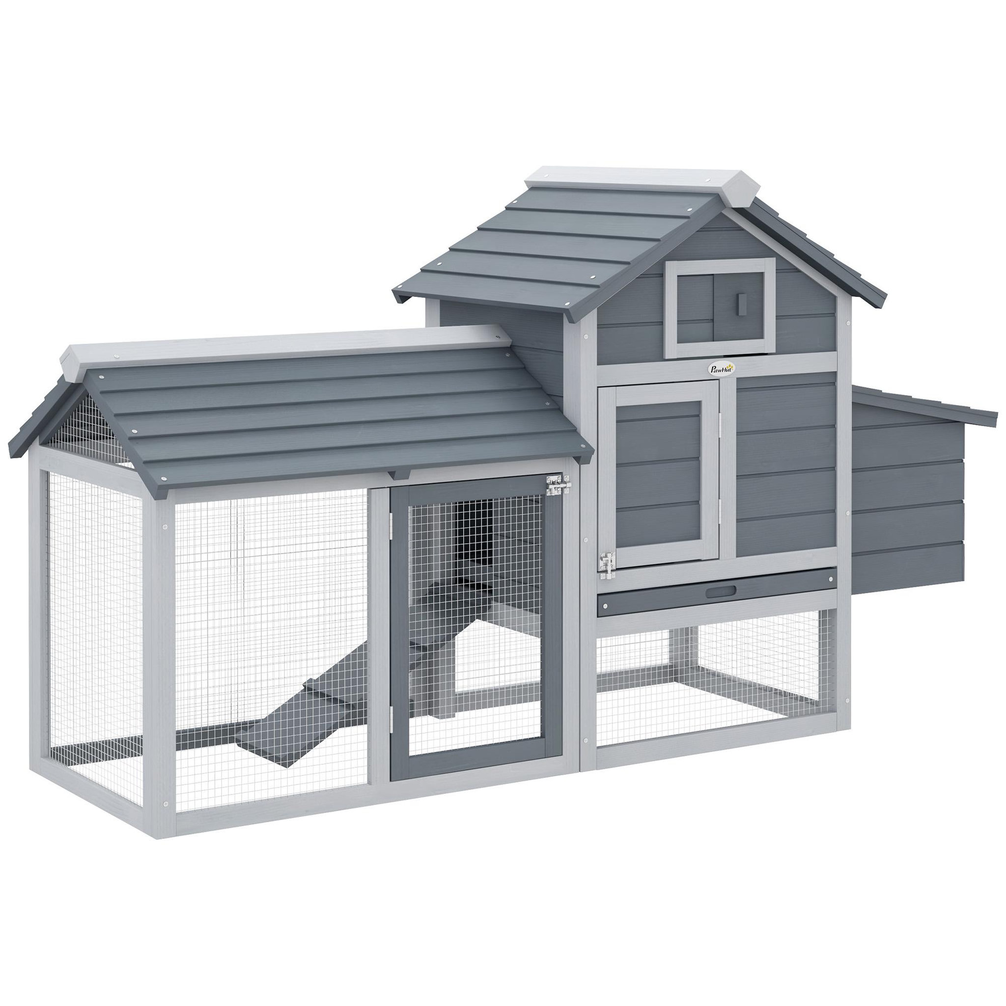 PAWHUT Poulailler cottage cage à poules sur pied dim. 151l x 54l x 87h cm multi-équipement bois pin gris