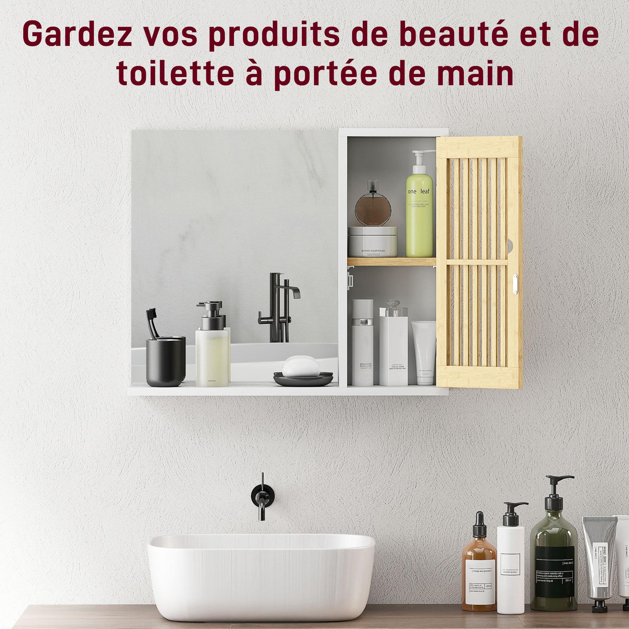 Voir la diapositive 6 : HOMCOM Miroir étagère style cosy - armoire miroir salle de bain 1 porte - bambou blanc