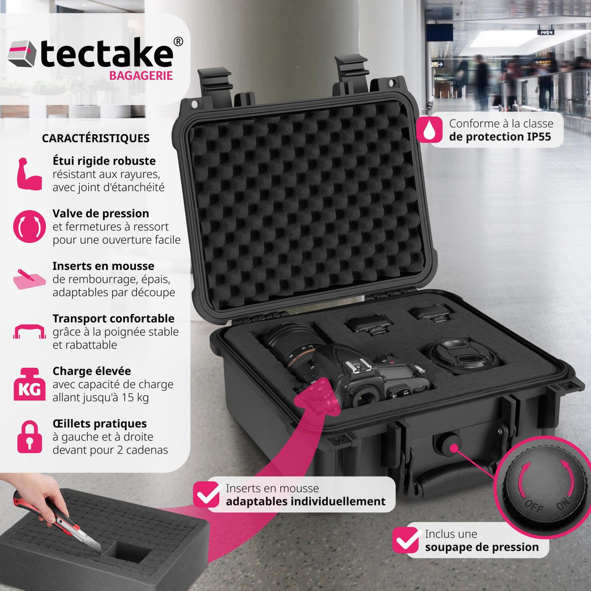tectake Valise étanche pour appareil photo  noir M