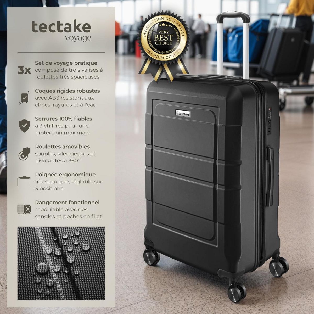 tectake Set de valises de voyage 3 pièces en plastique ABS robuste avec revêtement en polycarbonate noir