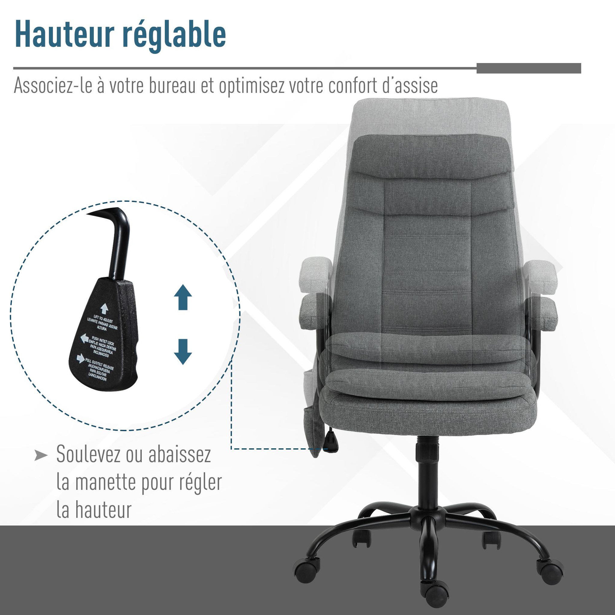 Voir la diapositive 5 : VINSETTO Vinsetto Fauteuil bureau manager massant pivotant hauteur réglable tissu lin gris