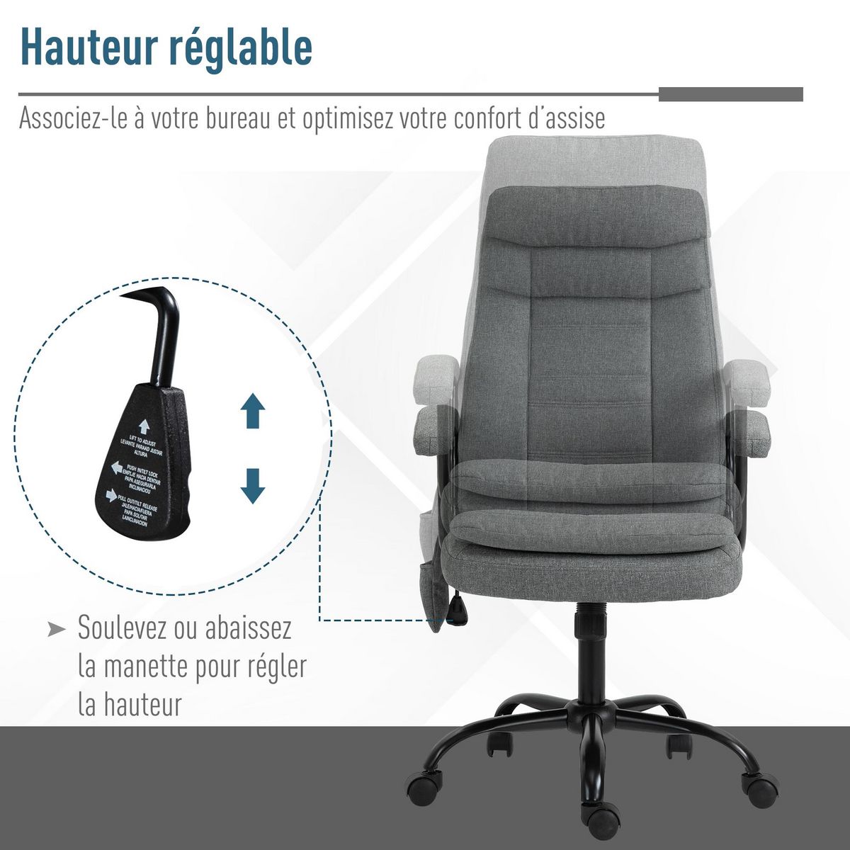 VINSETTO Vinsetto Fauteuil bureau manager massant pivotant hauteur réglable tissu lin gris