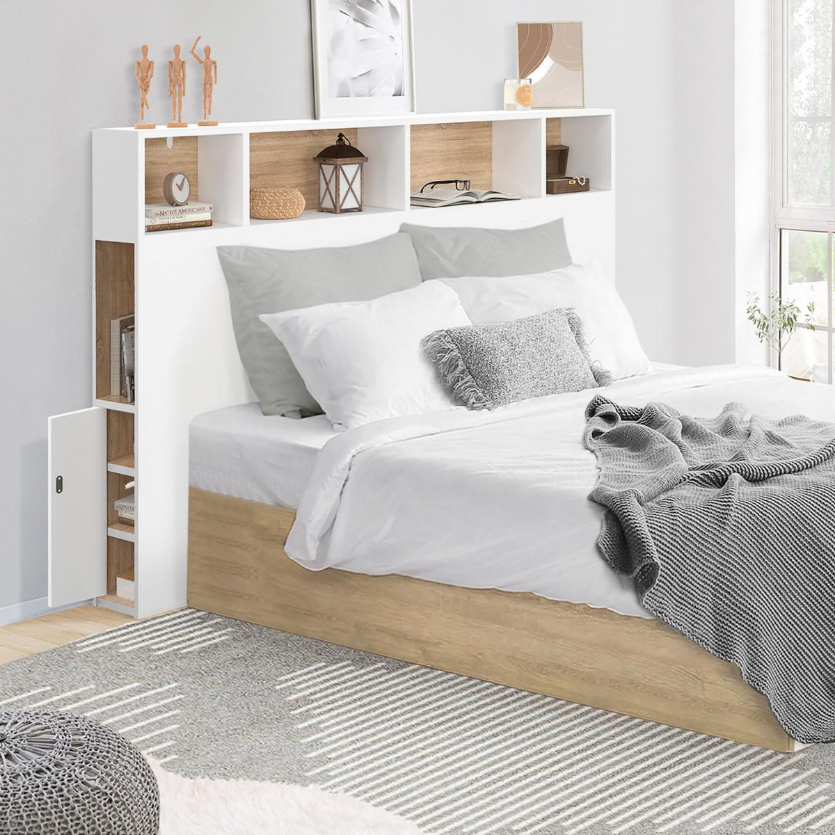 ID MARKET Tête de lit sur pied CLEO 145 cm avec rangements fermés et niches blanc et façon hêtre