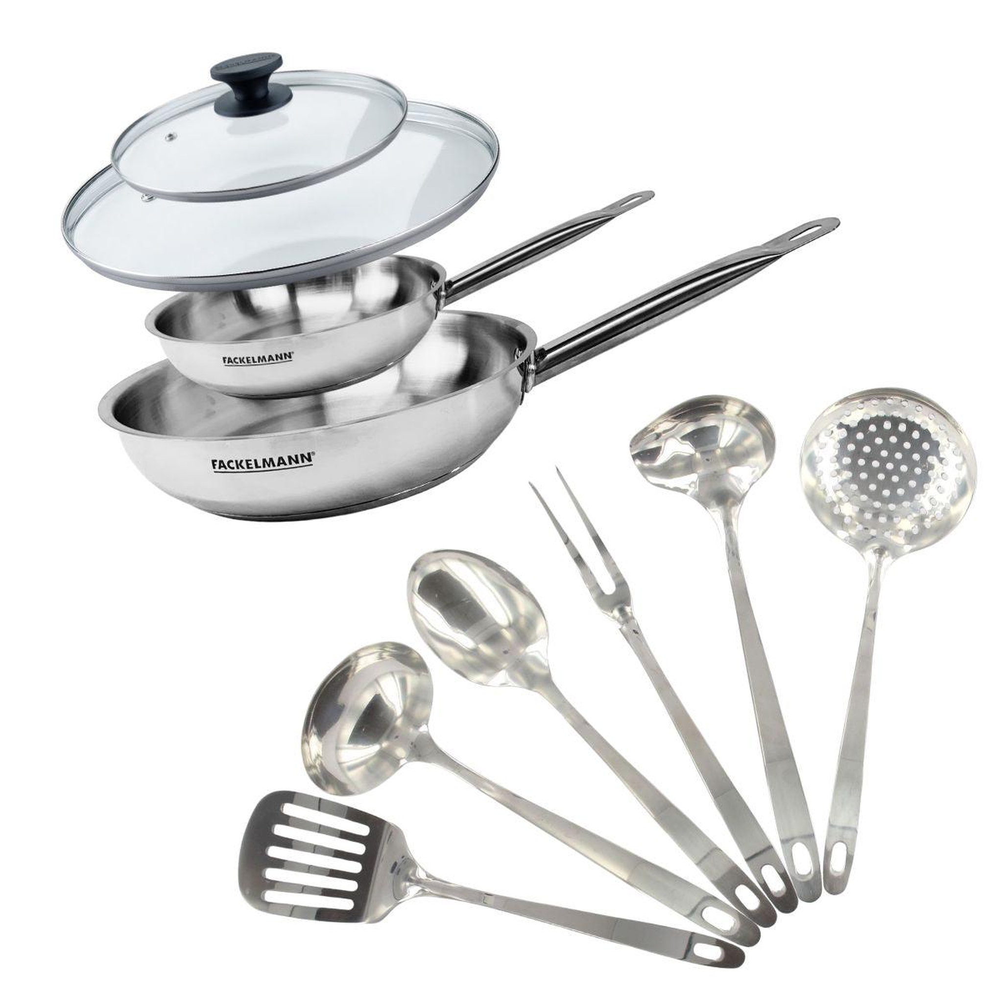 Fackelmann Set de 2 poêles 20 et 28 cm en inox, 2 couvercles verre et 6 ustensiles inox fackelmann eterna