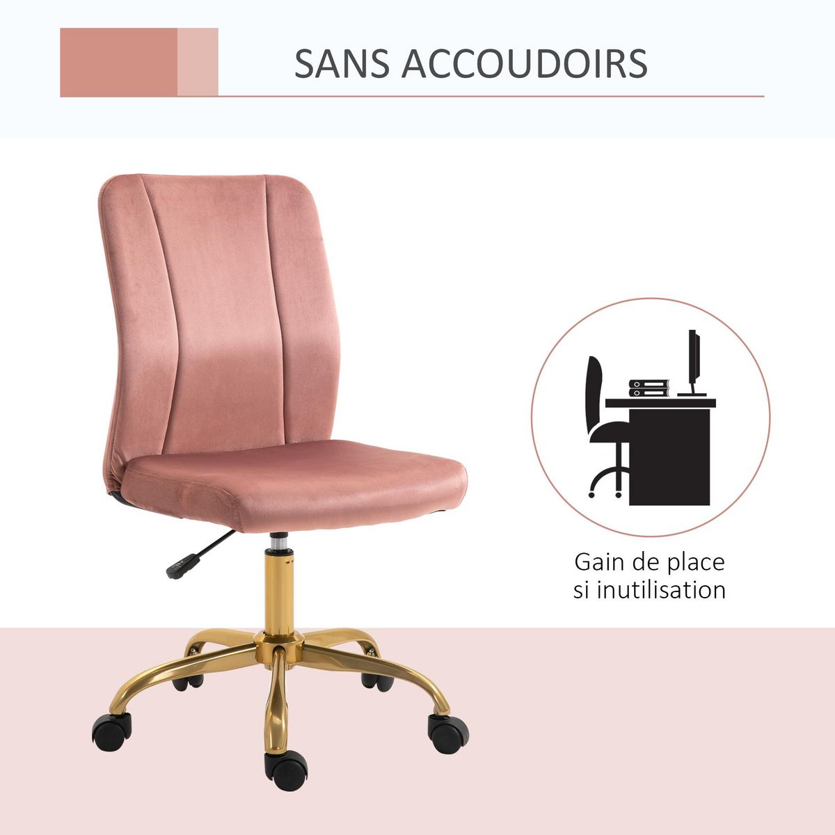 VINSETTO Vinsetto Chaise de bureau style Art déco hauteur réglable pivotante 360° piètement métal doré velours rose poudré