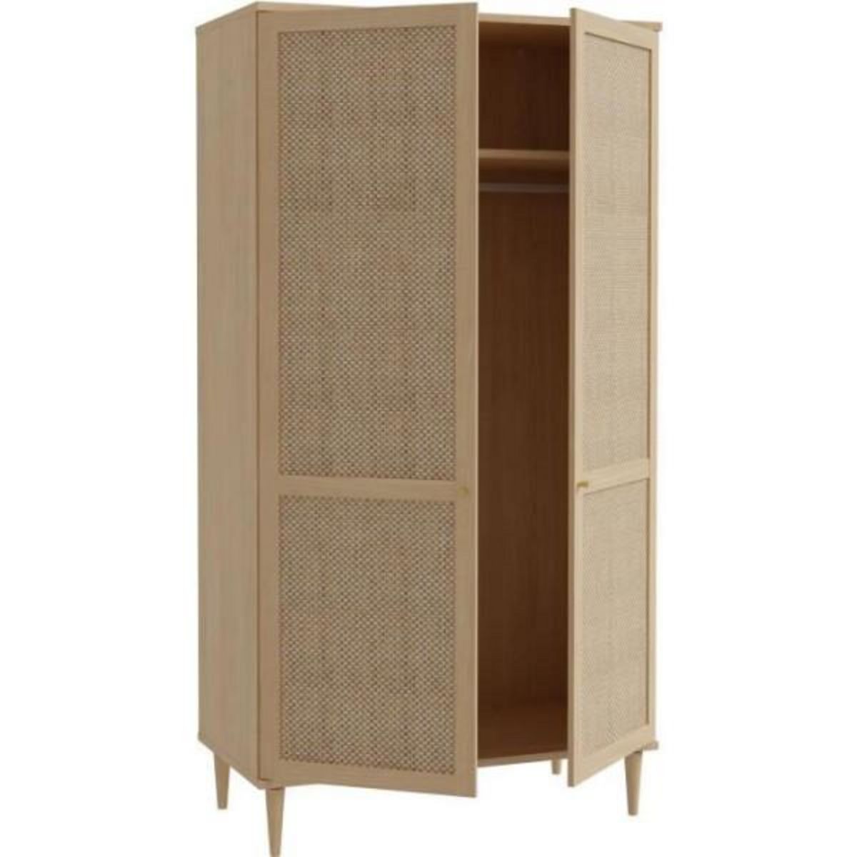 MARKET24 Armoire de chambre - 2 portes battantes - Décor Chene - Cannage - L110 x H208 x P54 cm - CALASETTA